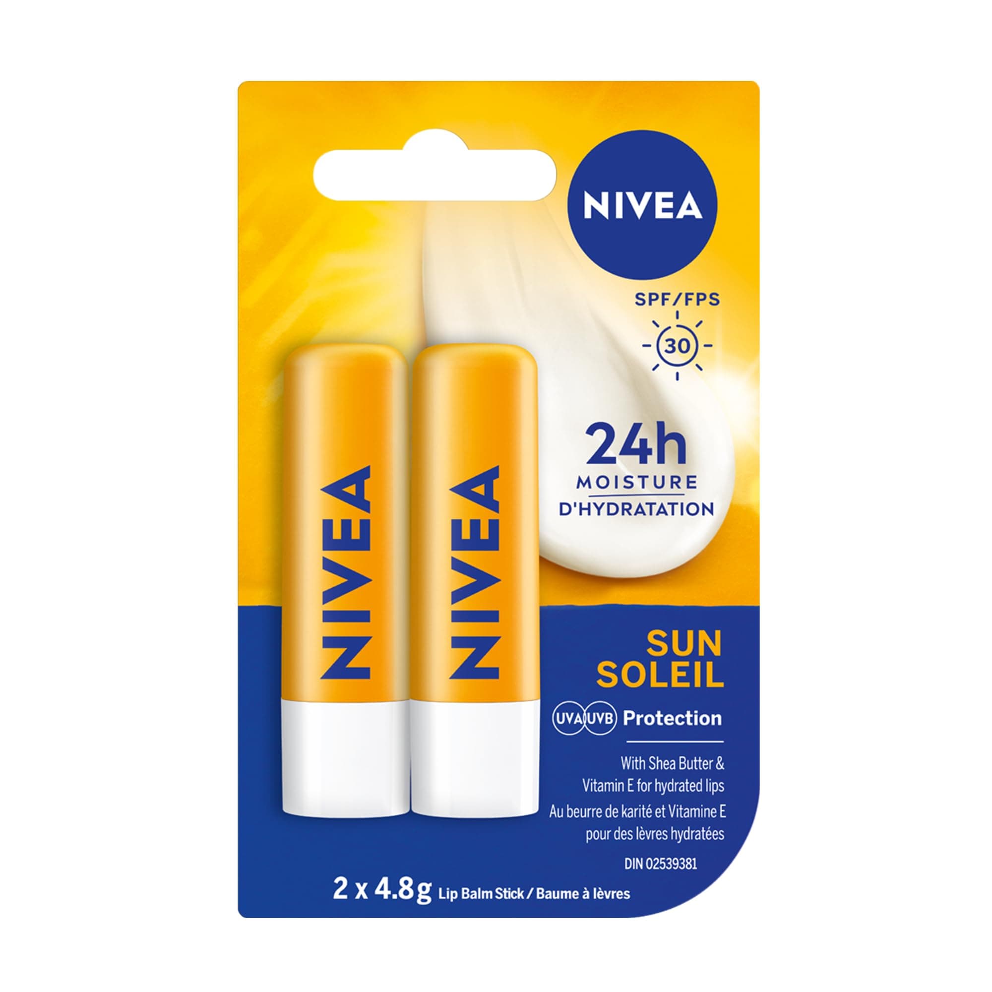 SUMKICA NIVEA Sun Caring Lip Balm Sticks with SPF 30, Duo Pack (2 x 4.8 g)(Imported from Canada)