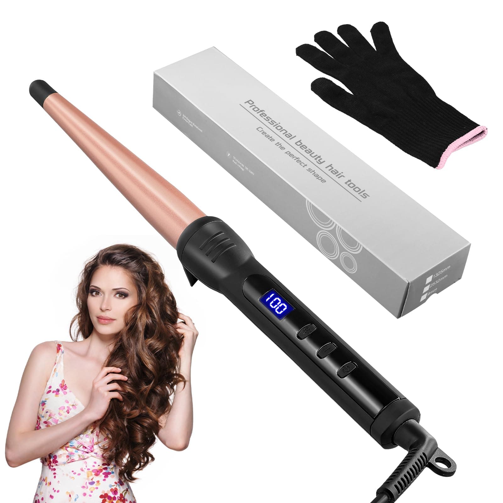 Hair Curling Wand,13-25mm Tapered Ceramic Barrel Curling Iron for Long&Short Hair, Curl Tongs with LCD Display, 100°c-230°c Temperature Adjustable