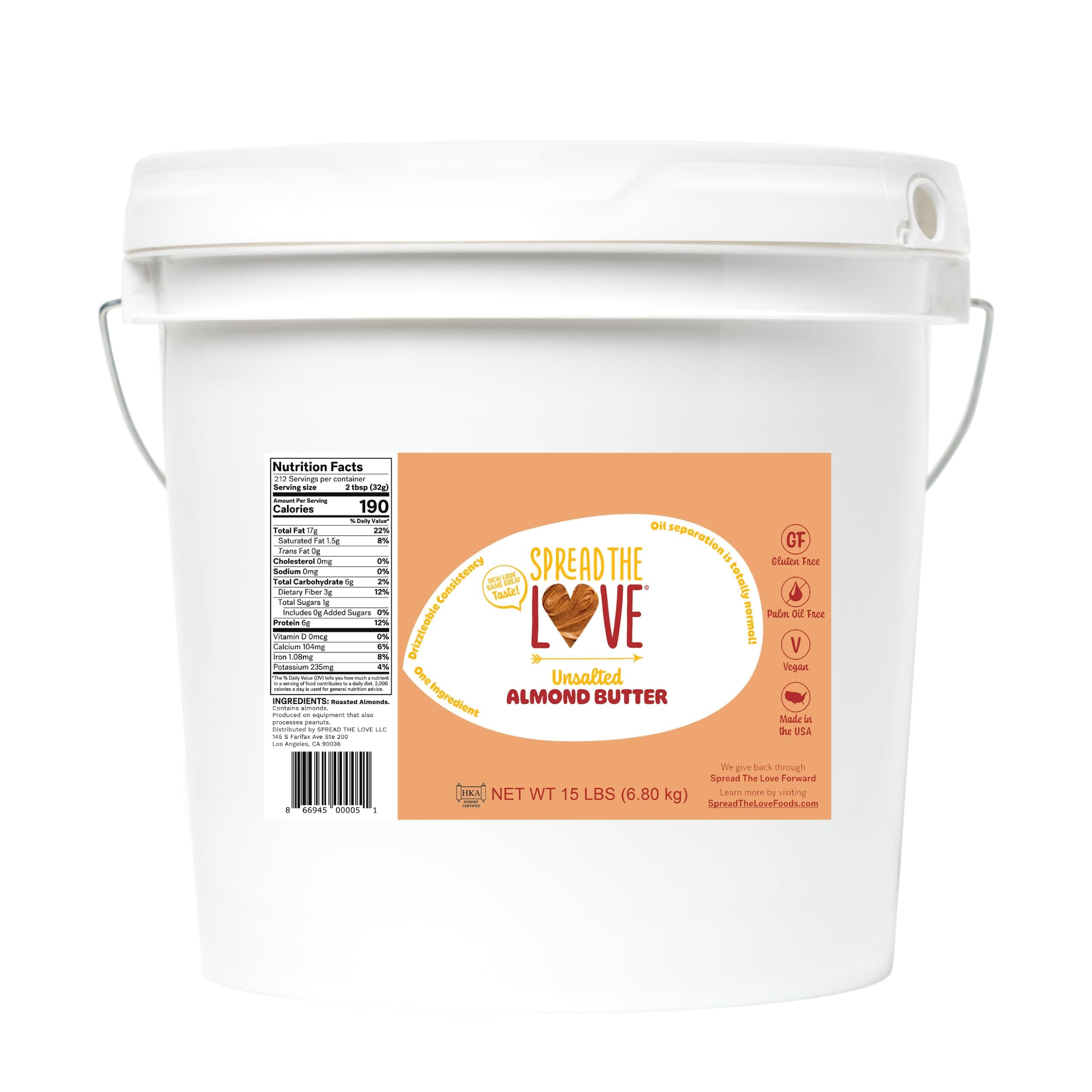 Spread The Love UNSALTED Almond Butter (All Natural, Vegan, Gluten-free, Creamy, No added salt, No added sugar, No palm fruit oil, Not pasteurized with PPO) (15-Pounds)