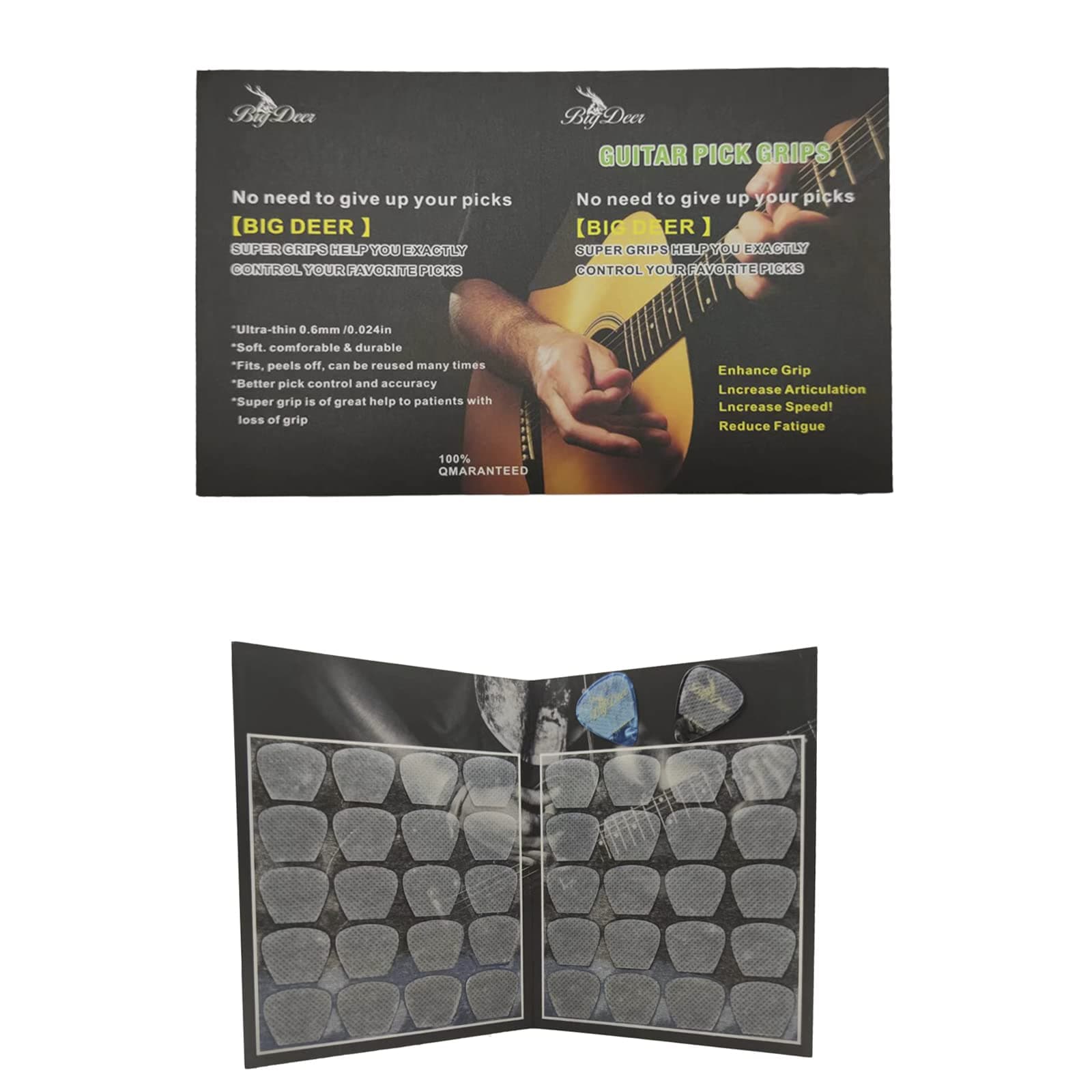 BigDeer Ultra-thin 0.6mm/0.024in Guitar Pick Grips 40pc Large Grip, Durable Reusable Soft Thin Stick On Grip for Picks non Slip Hold Control & Comfort（Comes with two guitar picks with grips)