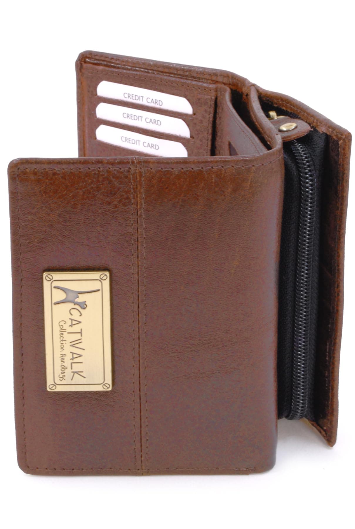 Ladies Medium Leather Purse - Women's Trifold Wallet with 8 Card Slots & Zip Coin Pocket - RFID - Victoria - Brown