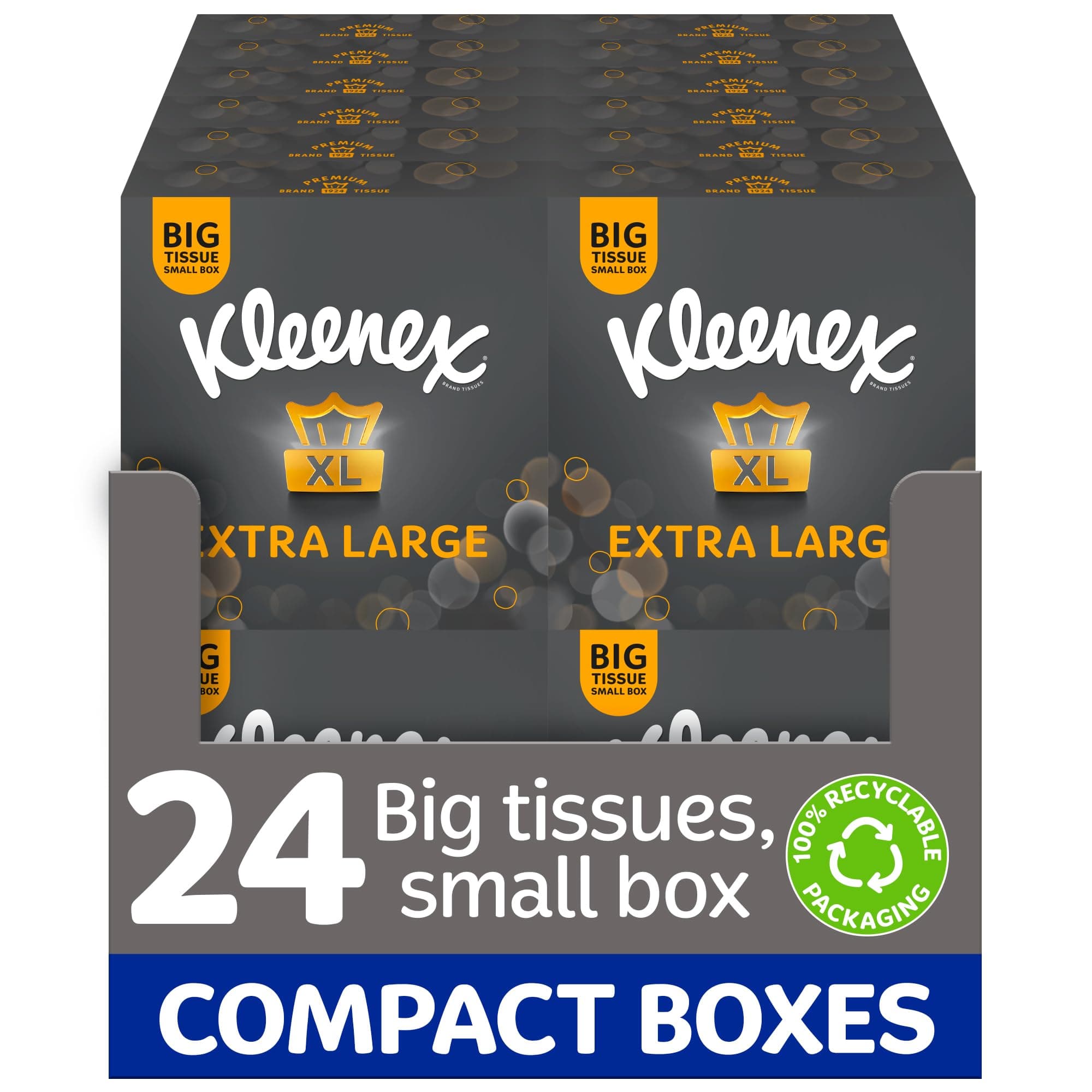 Extra Large Soft Facial Tissues, 24 Compact Tissue Boxes, 1056 Tissues (24 Boxes) - 100% Recyclable Packaging