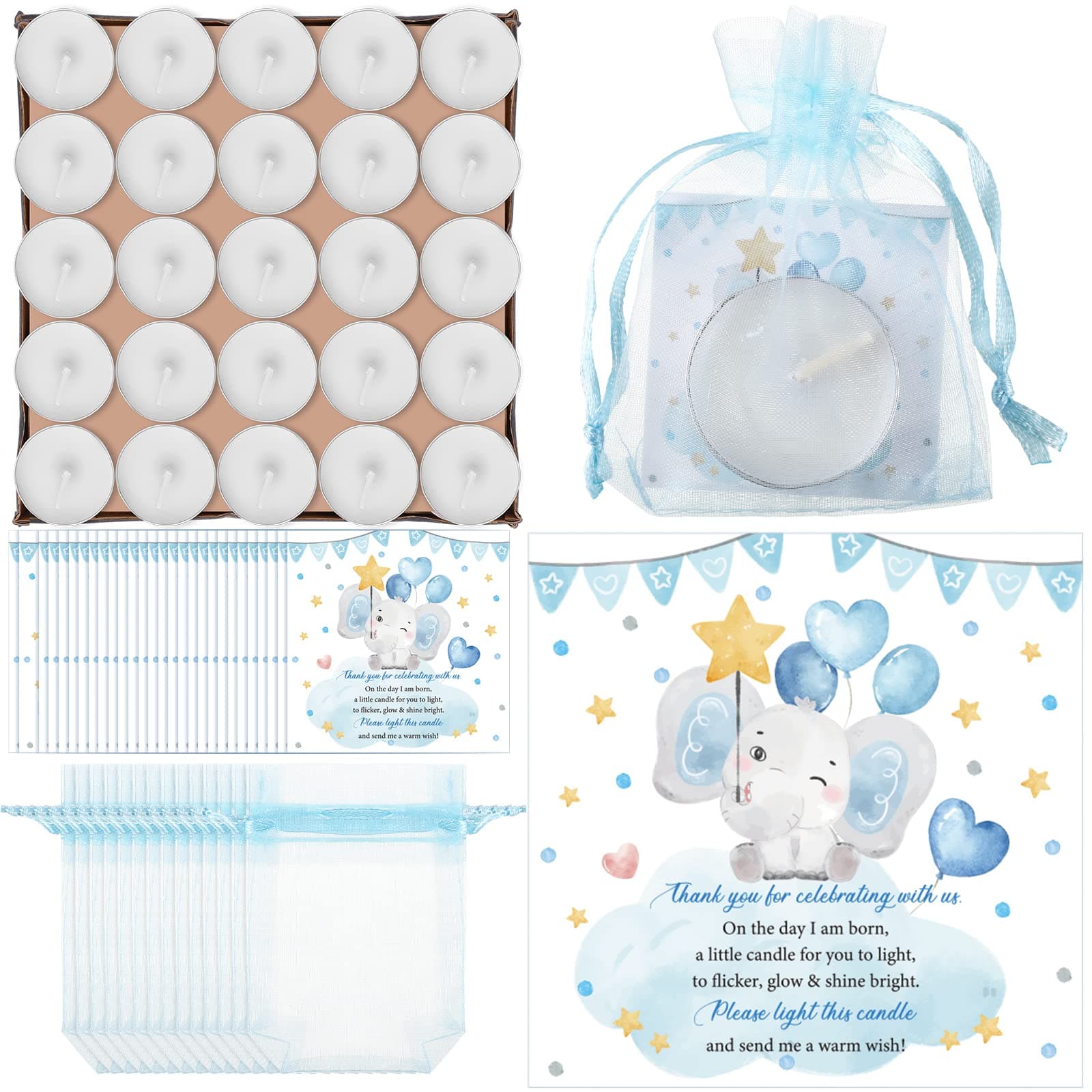 Colarr 50 Set Baby Shower Candle Favors Elephant Themed Baby Shower Favors Gifts for Guest Includes 50 Tea Light Candles 50 Thank You Tags 50 Return Gift Bags for Gender Reveal(Boy Style)