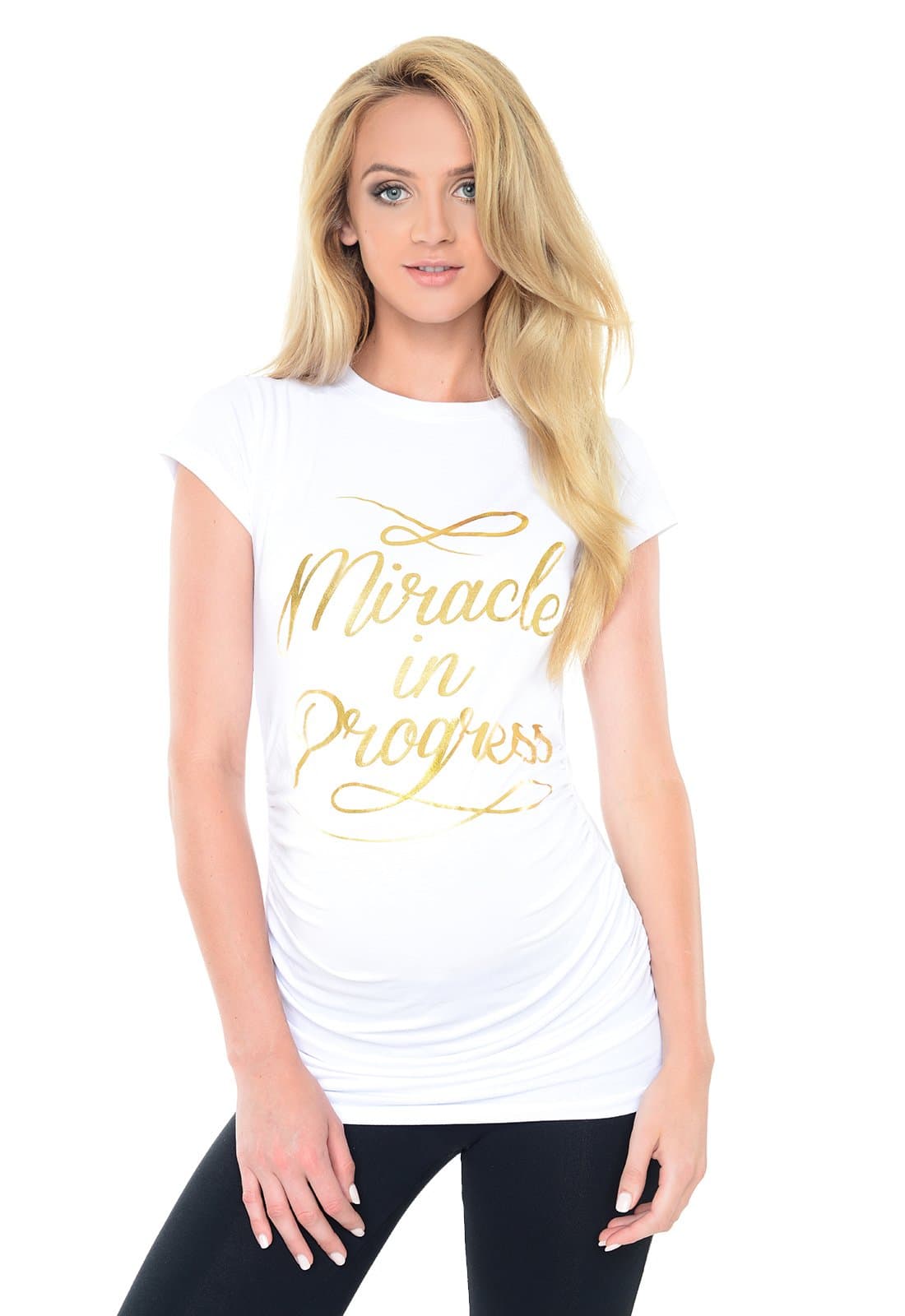 Purpless MaternityPurpless Maternity Top T-Shirt Tee Women Slogan Miracle in Progress Gold Print B2012