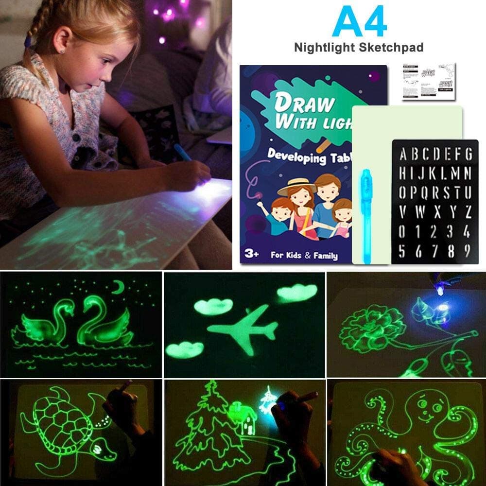 Kennifer Light Up Drawing Kit, Draw with Light Fun and Developing Toy Board, Magic Draw Educational Fluorescent Luminous Board, Christmas Gift for Kids (A4 (210mm x 300mm))