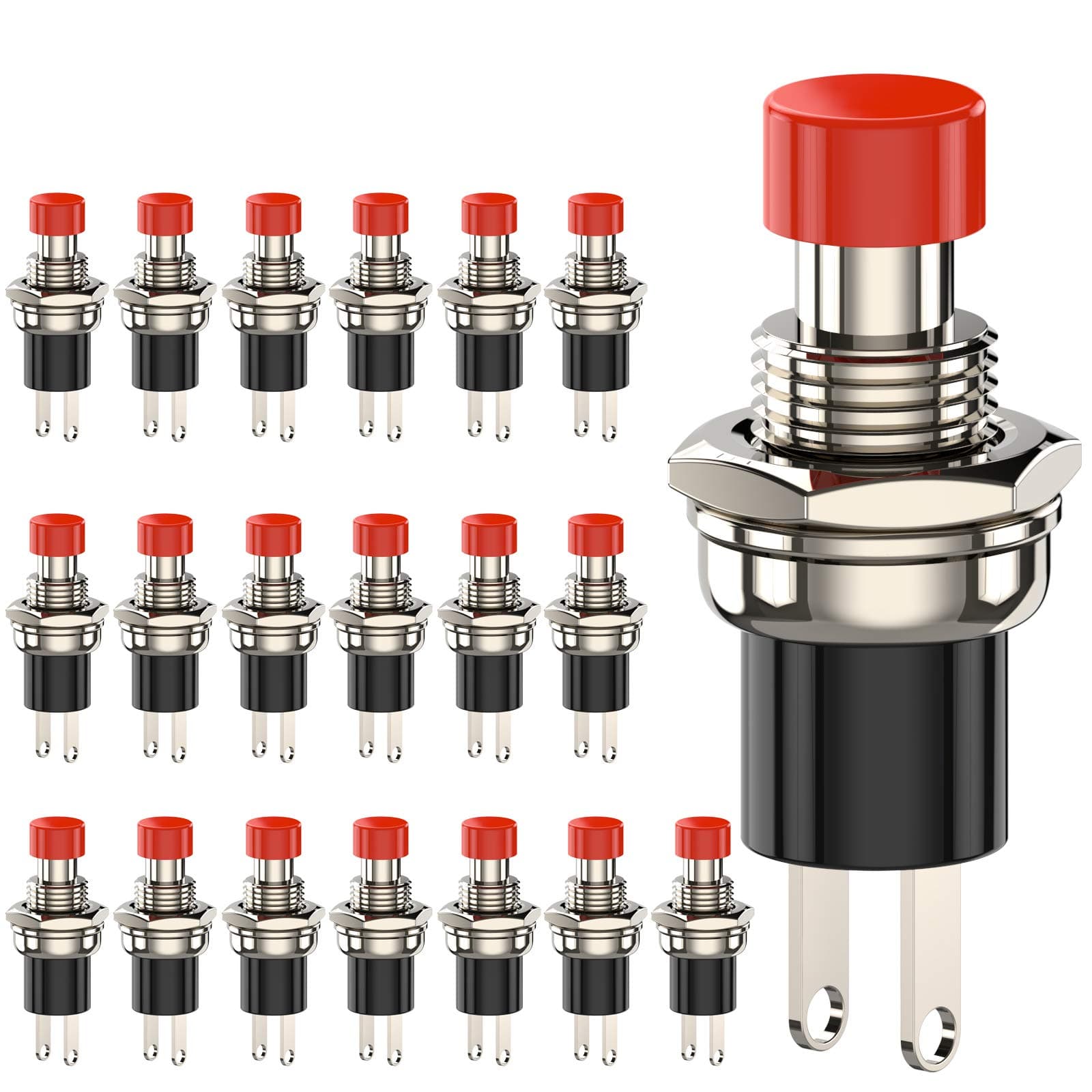 Momentary Push Button Switch, 1A 250VAC SPST Mini Pushbutton Switches Normally Open (NO) Red Cap - 20pcs