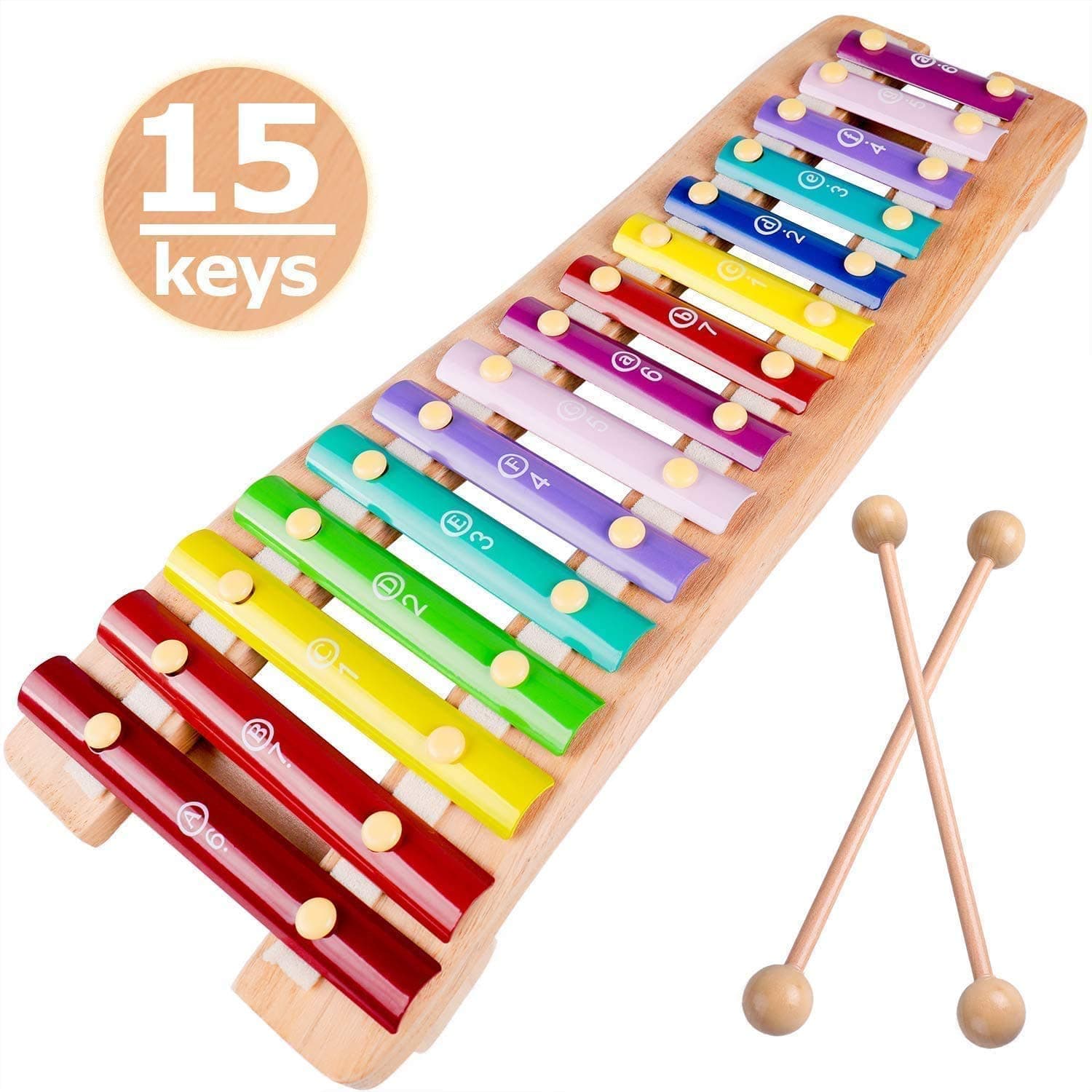 Xylophone 15 Keys Wooden Xylophone for Kids Glockenspiel Xylophone Toy Musical Instruments Preschool Learning Montesssori Toy, Child Safe Mallets, 1 2 3+ Years boy Girl Toddler Birthday