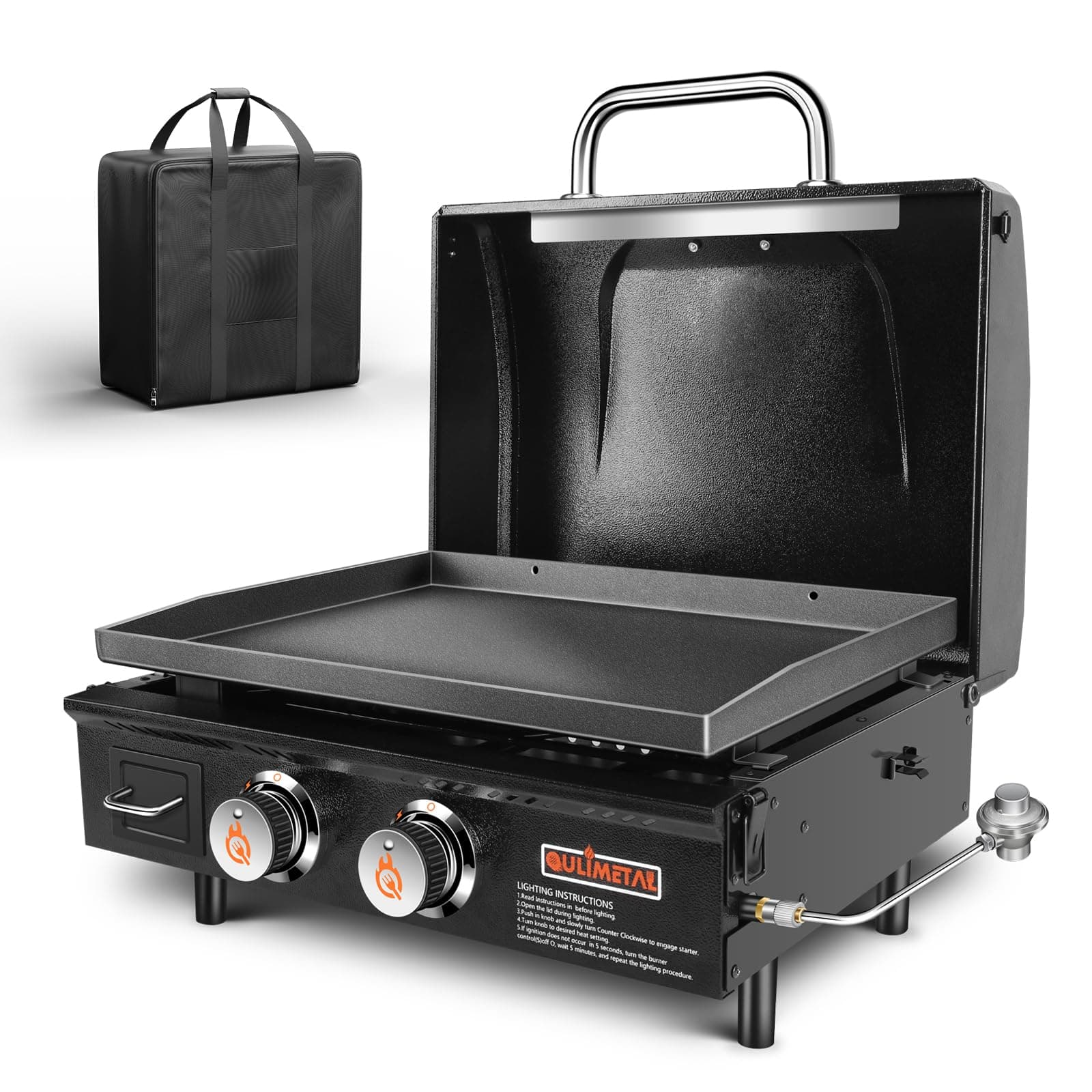 QuliMetalTable Top Grill Portable Griddle with Hood Non-Stick Flat Top Grill Griddle Propane Grill with Carry Bag 22 Inch,24,000 BTU,348 Sq,304 Stainless Steel Burner,Ceramic Coating
