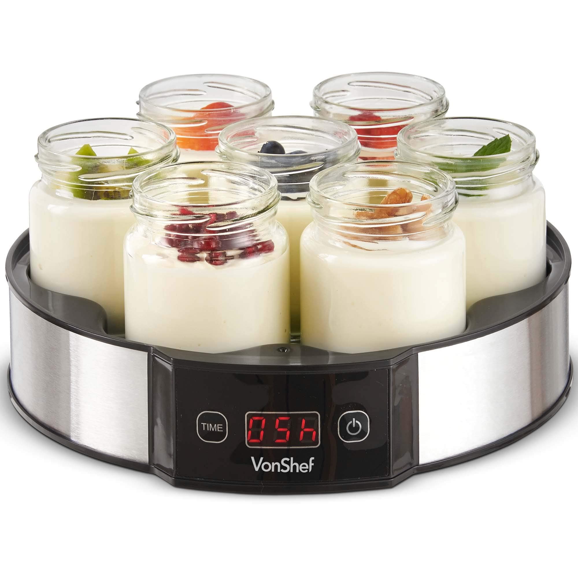 Digital Yoghurt Maker with 7 Jars – Electric, Compact, Stainless Steel Machine with LED Display & Timer, 180ml Glass Containers / Yoghurt Pots - For Making Fresh, Healthy Homemade Desserts