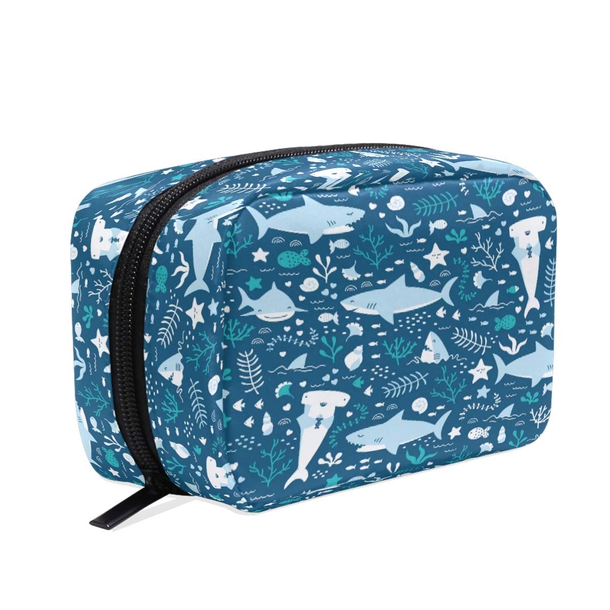 Cartoon Blue Sharks With Sealife Makeup Bag Cosmetic Bag Toiletry Travel Bag Case for Women, Portable Organizer Storage Pouch Bags Box