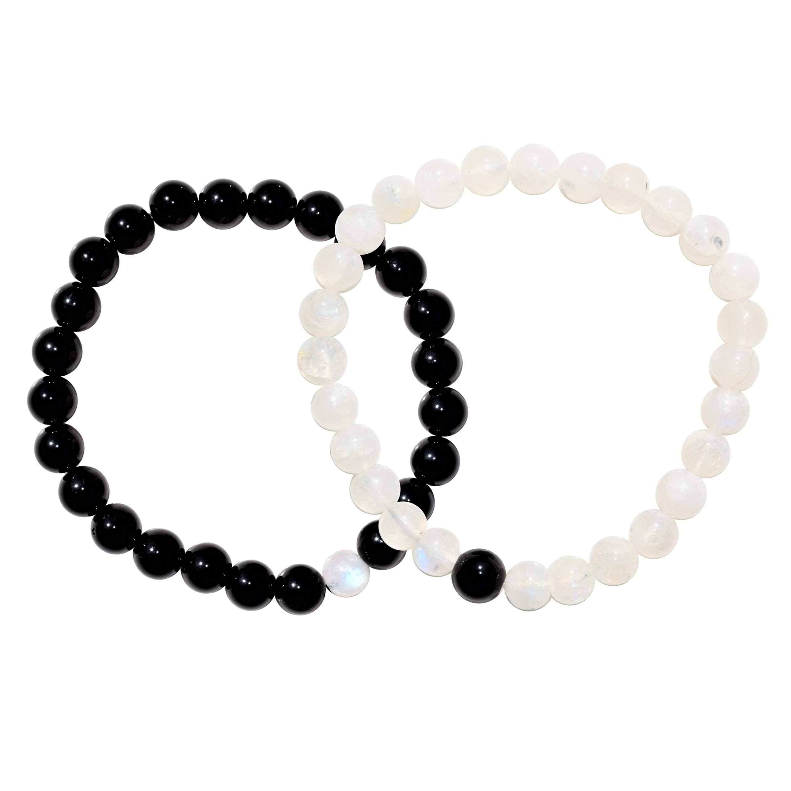 [Set of 2] CHARGED Distance Bracelets - Premium 7" Black Tourmaline & Rainbow Moonstone Crystal 8mm Bead Bracelets + 2 Selenite Heart Charging Crystals (HEALING ENERGY / PSYCHIC PROTECTION)
