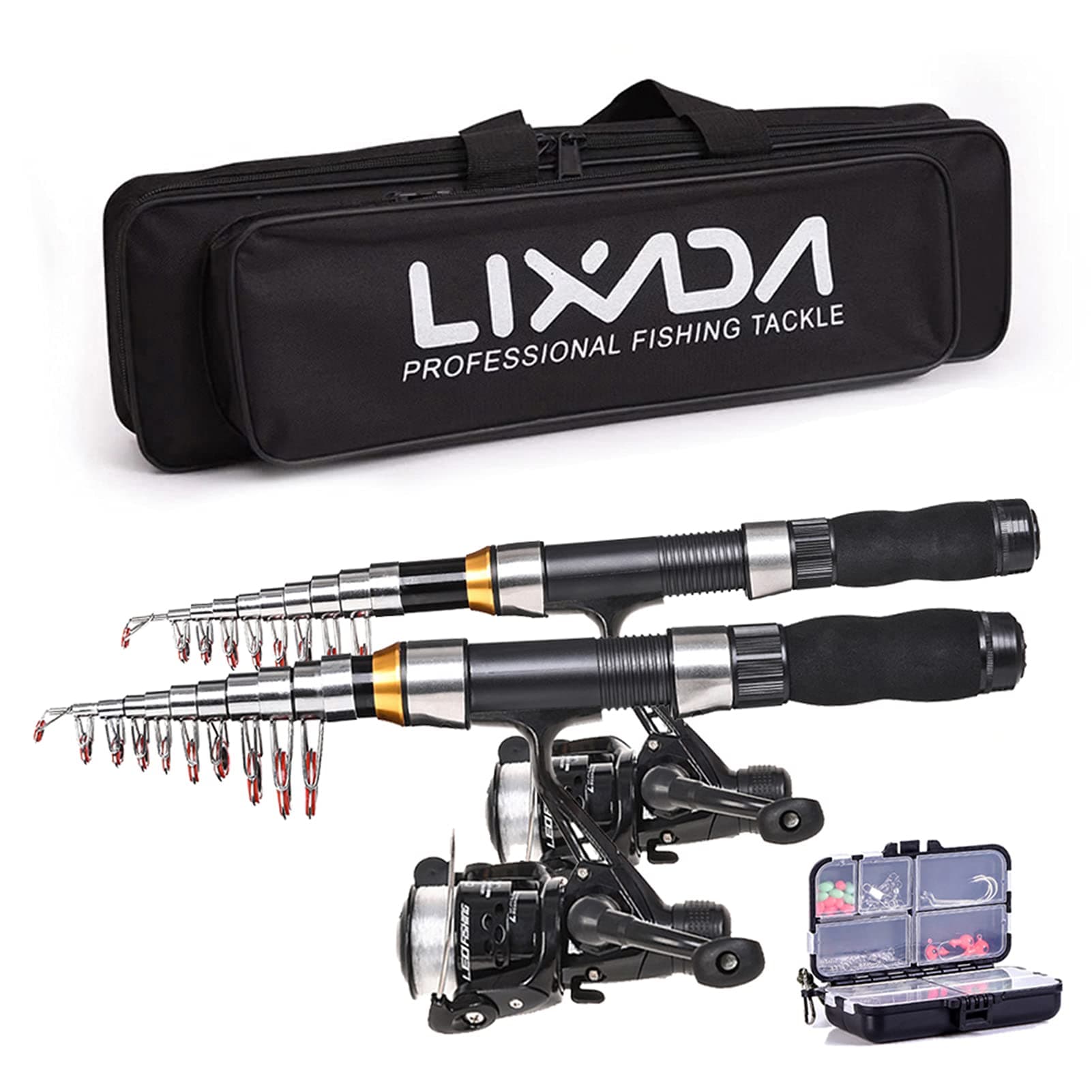 Alisashop Fishing Rod Reel Combo Full Kit with 2.1m 2.3m Fishing Rods 2PCS Spinning Reels Set with Hooks Soft Lures Barrel Swivels Storage Bag