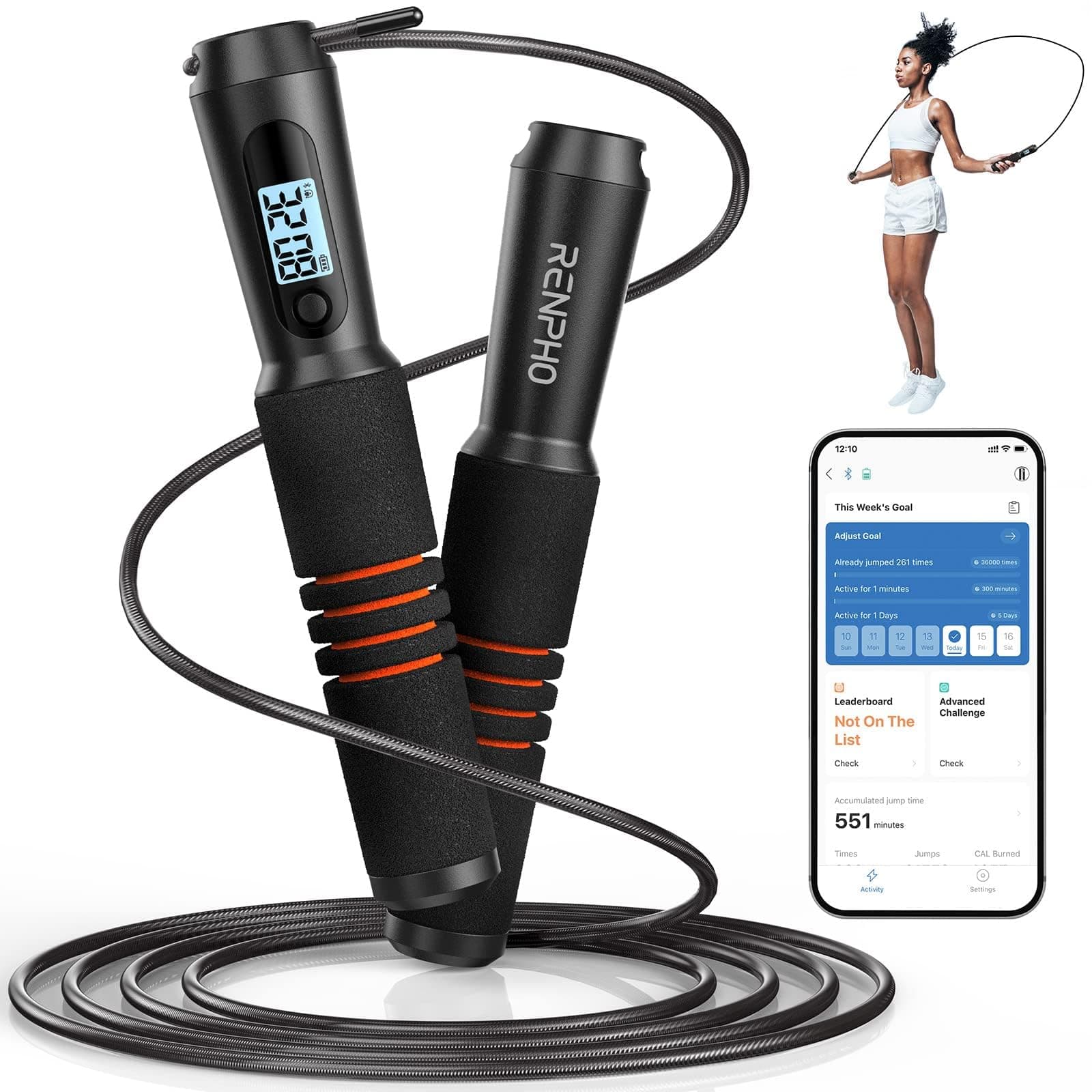 RENPHO Smart Skipping Rope With Counter, Adjustable Wireless, App Analysis Data, Fitness Rope for Men Women Kids, Crossfit Training Equipment