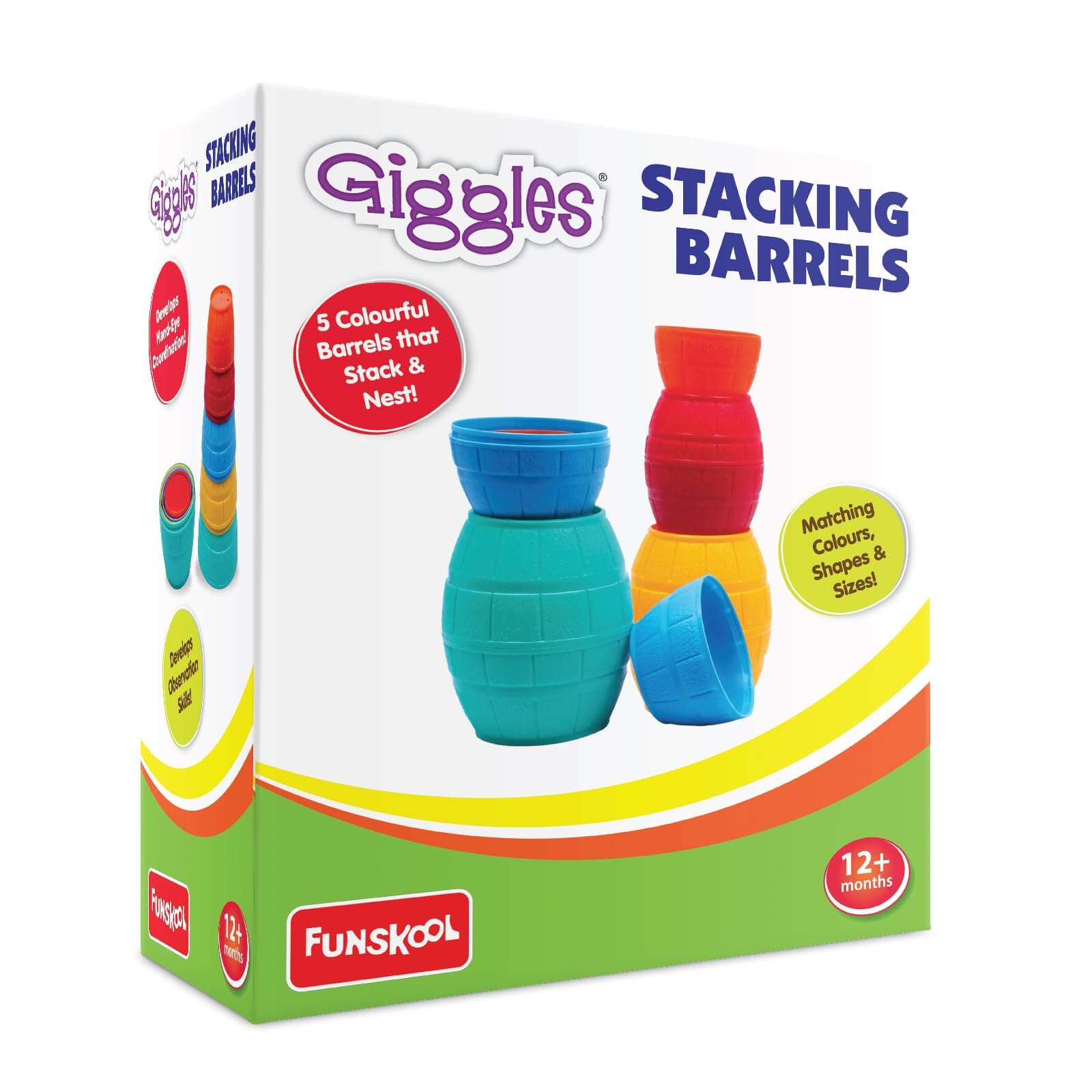 Giggles Funskool Stackable Blocks Barrels, Nesting & Stackable Toy for Kids, Encourages Learning & Development, Fun Activity for Babies, Gift Set for Kid, Age 12+ Months