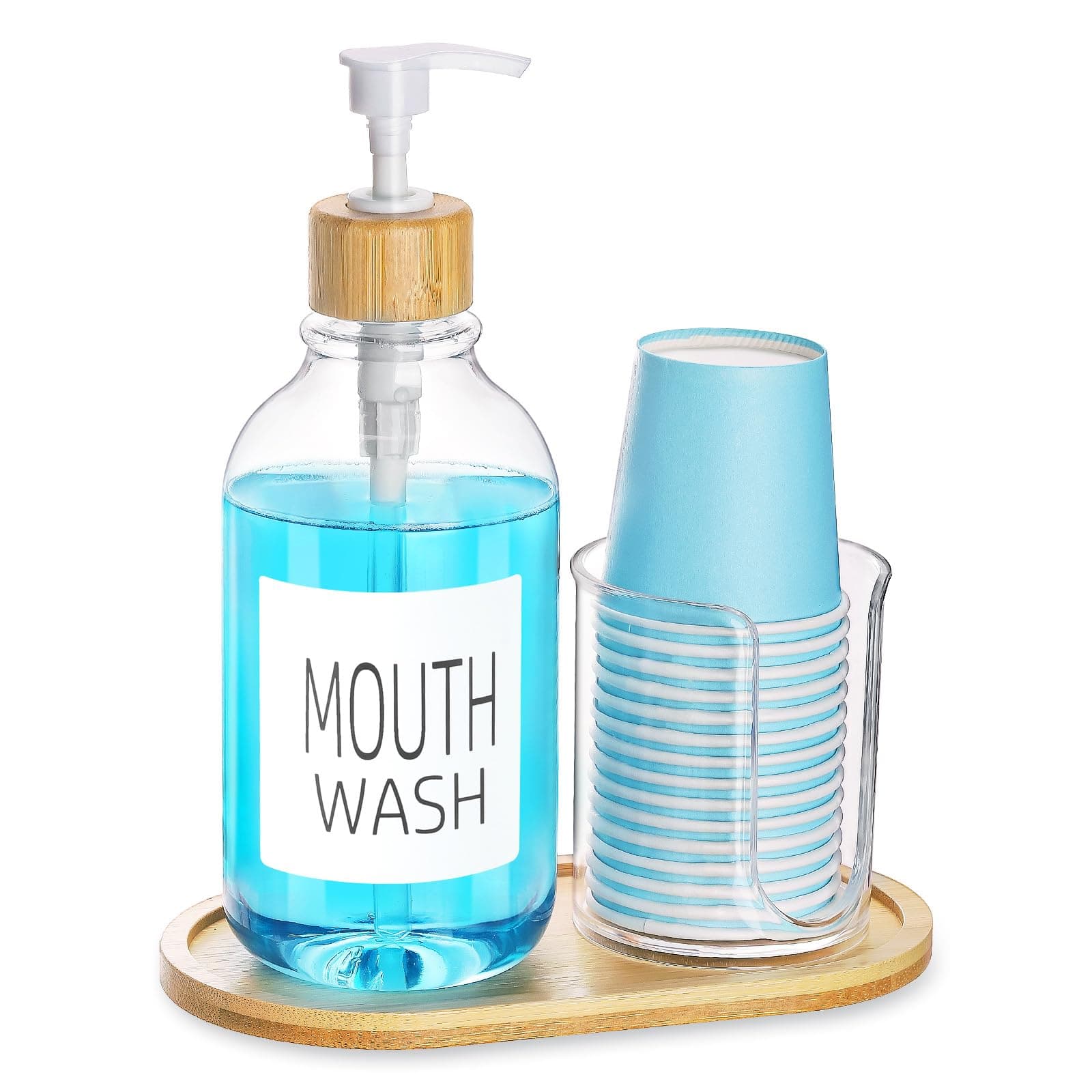 Tbestmax Mouthwash Dispenser with Cup Holder, Plastic Mouth Wash Pump Bottle with Tray for Bathroom Organizers, 17oz Refillable Clear Mouthwash Container - Bamboo