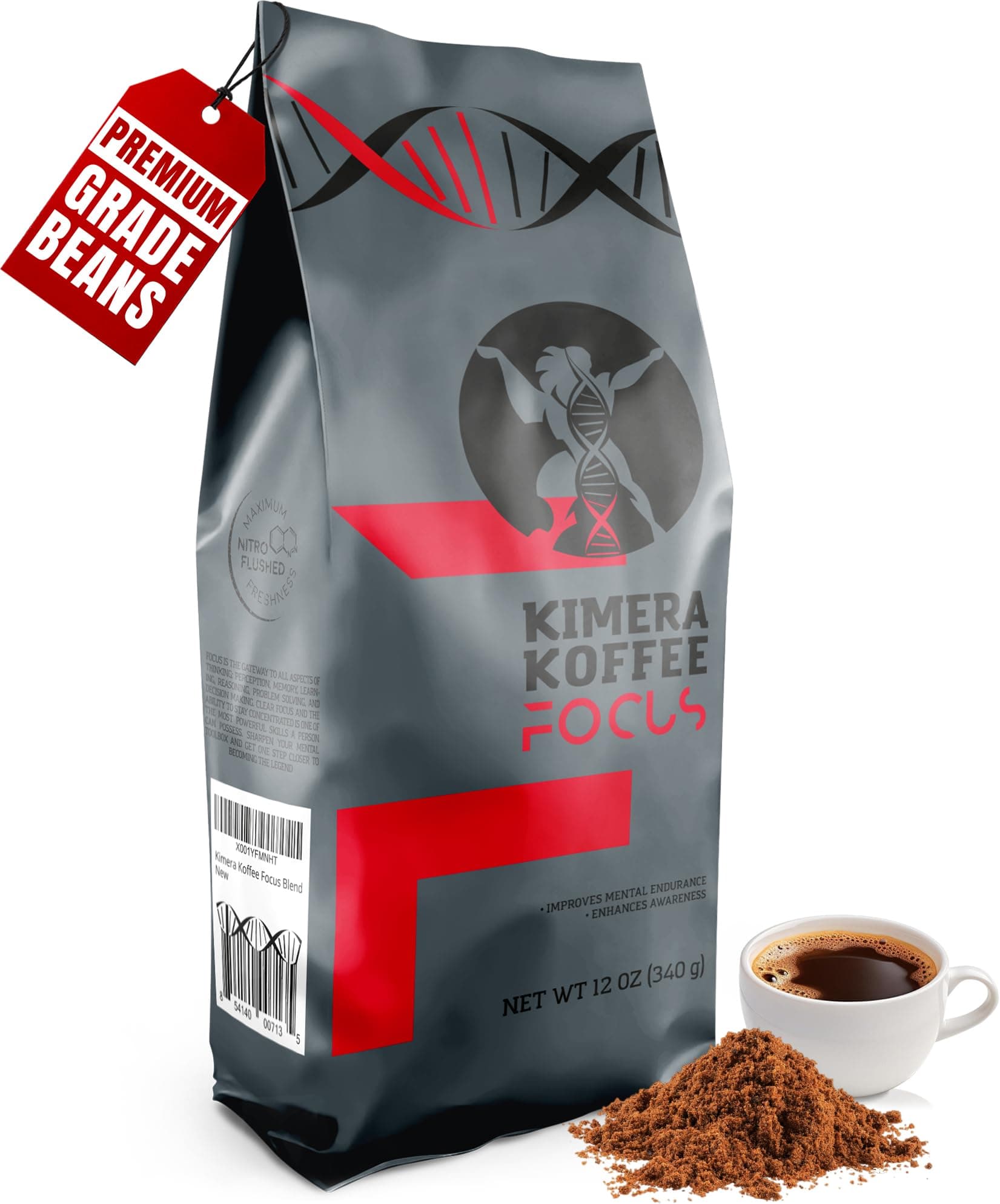 Kimera Koffee - Organic Light Roast Ground Coffee | Focus Blend | Infused with Brain Vitamins | L-theanine | Amplifies Alpha Brain Waves| Enhance Mental Endurance & Awareness | 12oz