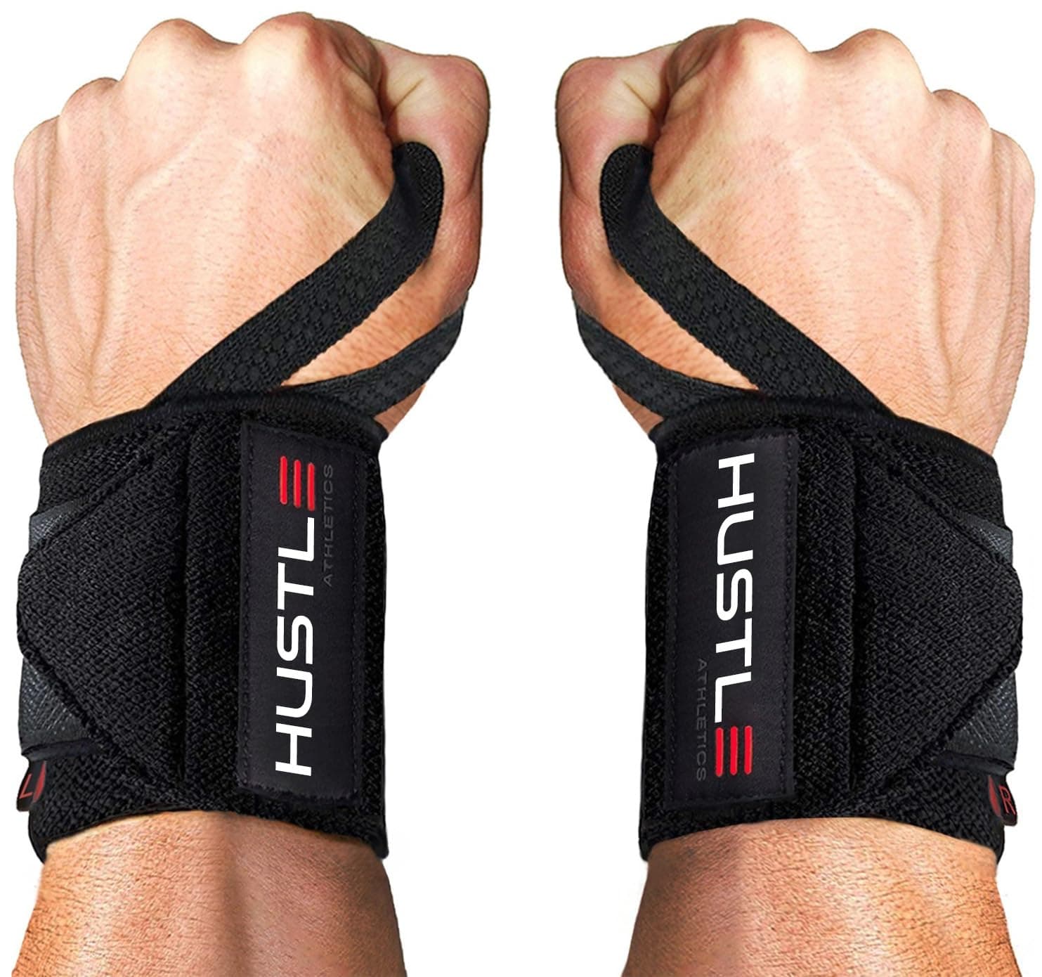 Hustle Athletics Wrist Wraps for Weightlifting, USPA-Approved Wrist Support Weight Lifting Wraps, Premium Hook-and-Loop, 12 in or 18 in Heavy-Duty Cotton-Elastic Support for Powerlifting & Bench Press