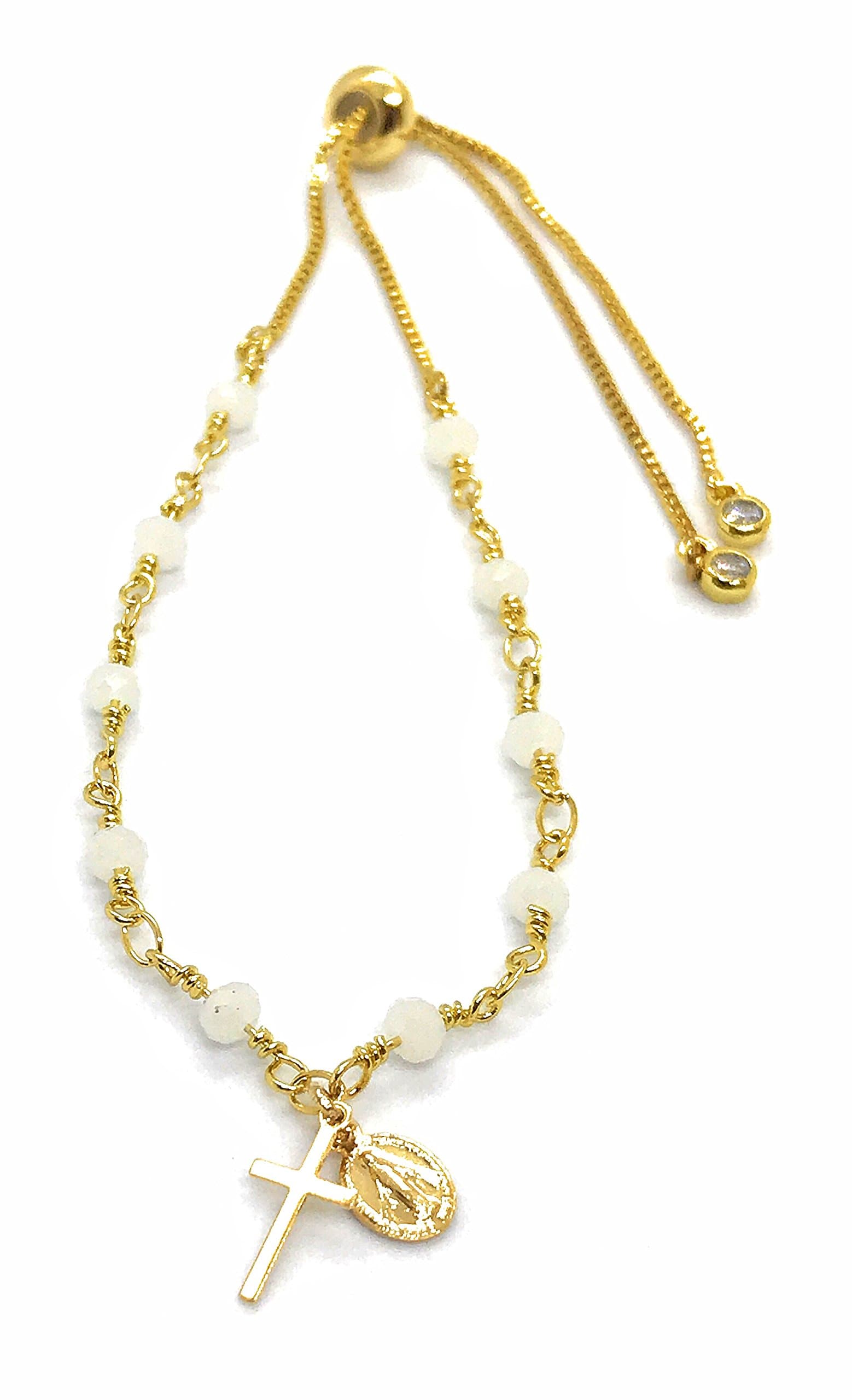 LESLIE BOULESRosary Bracelet for Women White Crystal Beads Chain Miraculous and Tiny Cross Pendants