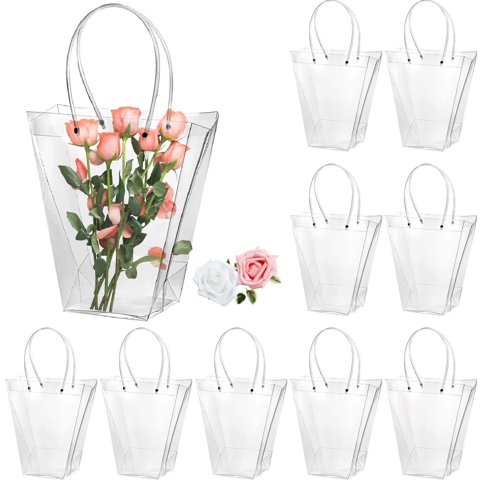 SOUJOY 10 Pack Clear Flower Bouquet Bags, Gift Bags with Long Handles, Party Floral Packing Wrap Bag for Valentine Day, Birthdays, Mother's Day, Father’s Day, Wedding, Anniversary, Housewarming