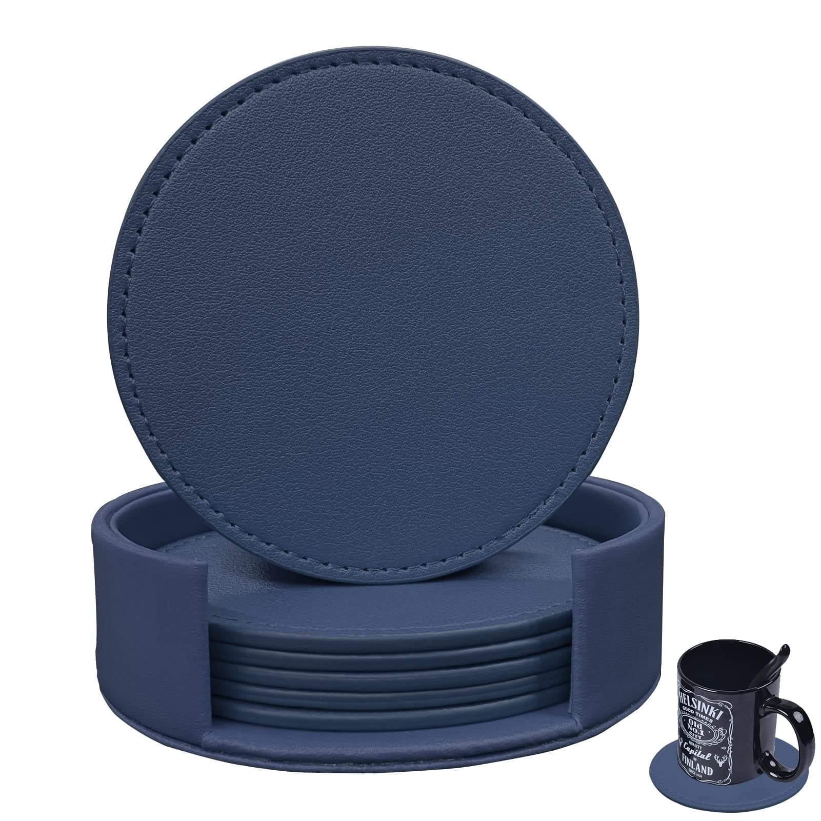 Coasters Set of 6 Soft Leather Drink Coaster Round Coaster with Sewing Around, Suitable for Various Cups, Wooden Tables,Home Decoration,4 Inches (Navy Blue)