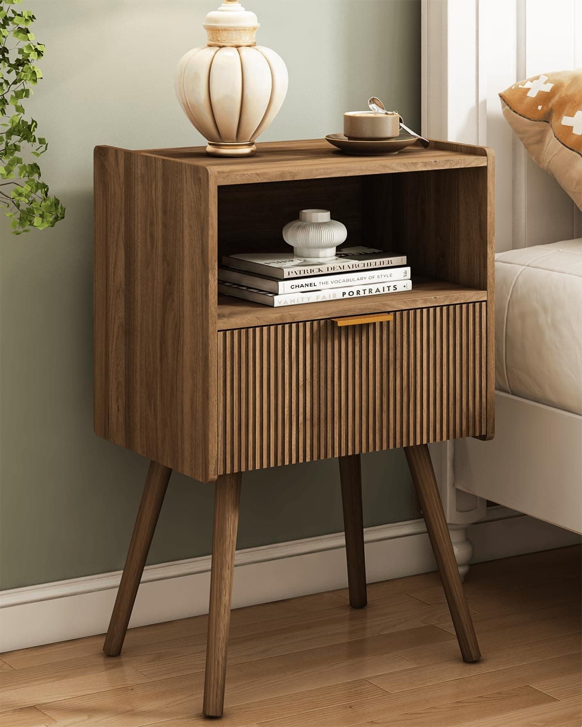 JOONEE Nightstand,Modern Bedside Table with Storage Drawer and Open Wood Shelf, for Living Room, Bedroom and Small Spaces, Accent Night Stand with Solid Wood Legs, Easy Assembly,Walnut Brown