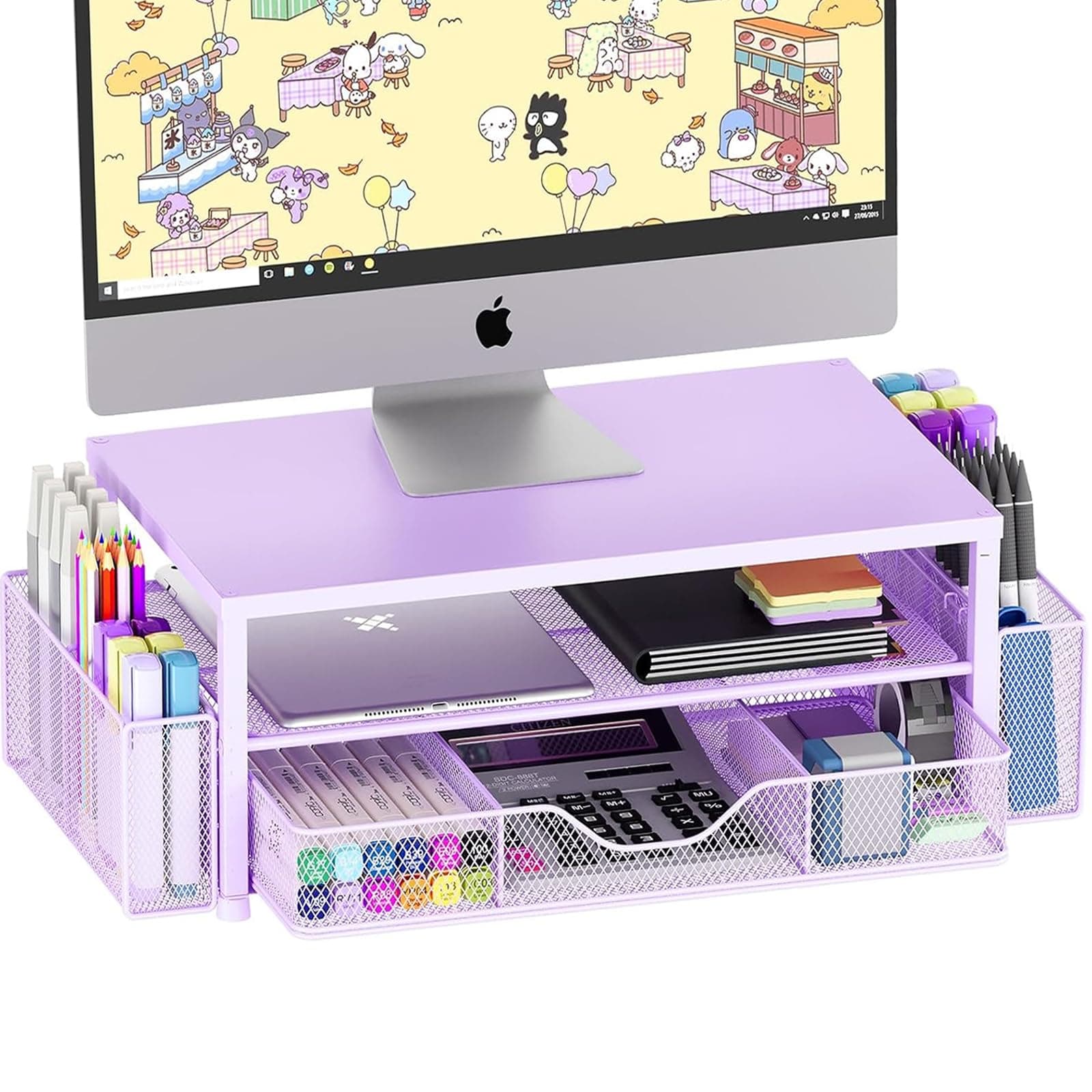 Desk Organizers and Accessories, 2-Tier Computer Monitor Stand Riser with Drawer and 2 Pen Holders, Laptop Stand, Office Desk Accessories & Office Decor for Women, Purple
