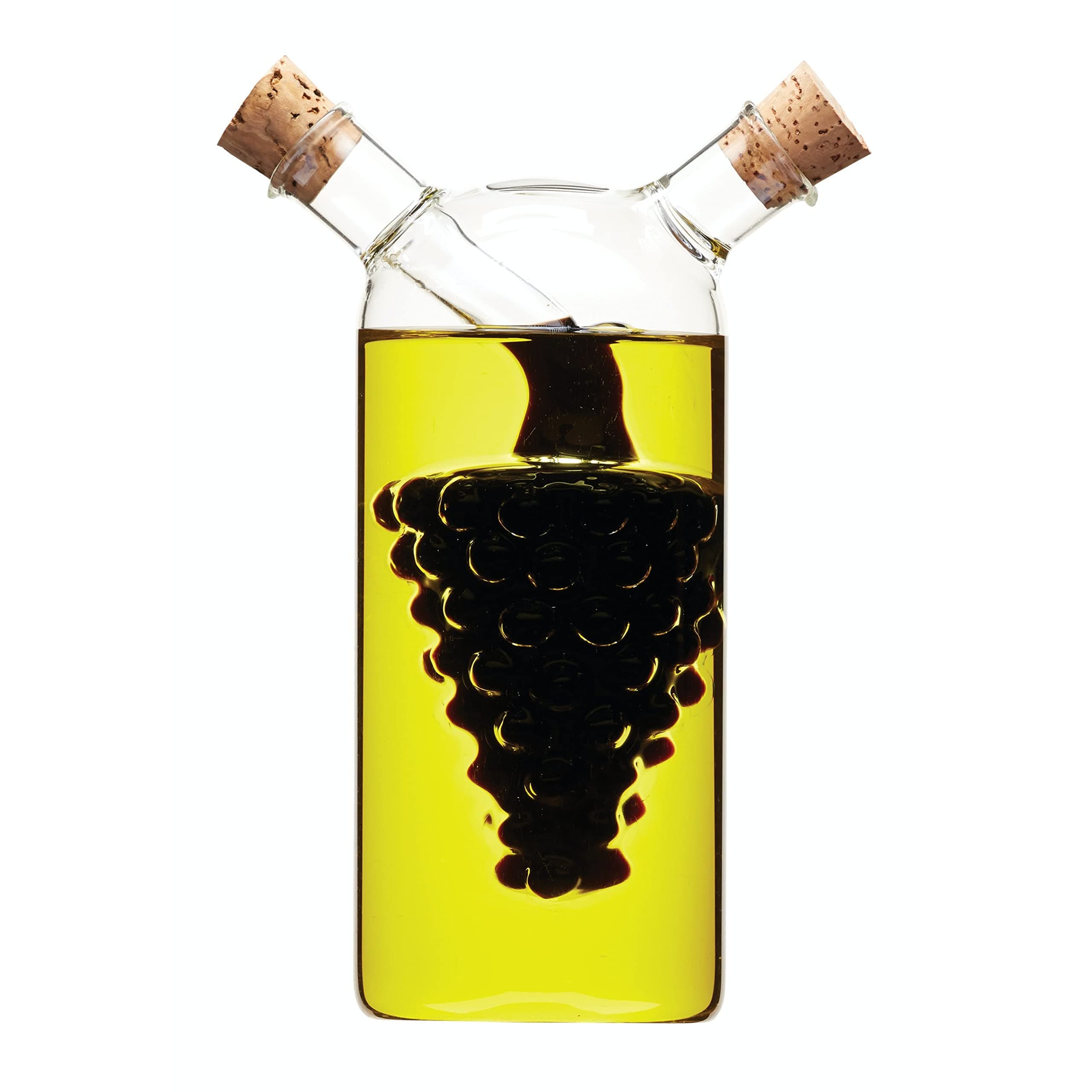 World of Flavours Oil and Vinegar Dispenser Glass, 2 in 1 Oil and Vinegar Bottle, Cruet Bottle with Cork Stoppers, Grapes Design, 5 + 3 ml