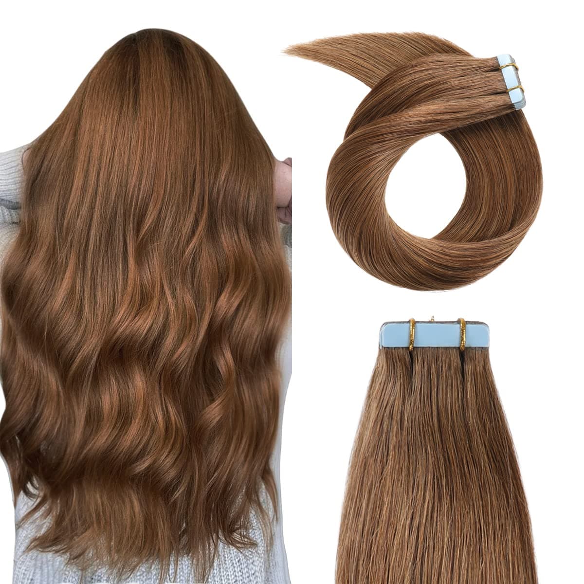YILITE Tape in Human Hair Extensions 20 inches 20pcs 50g Silky Straight Human Hair Extensions Tape in #6 Chestnut Brown Real Human Hair