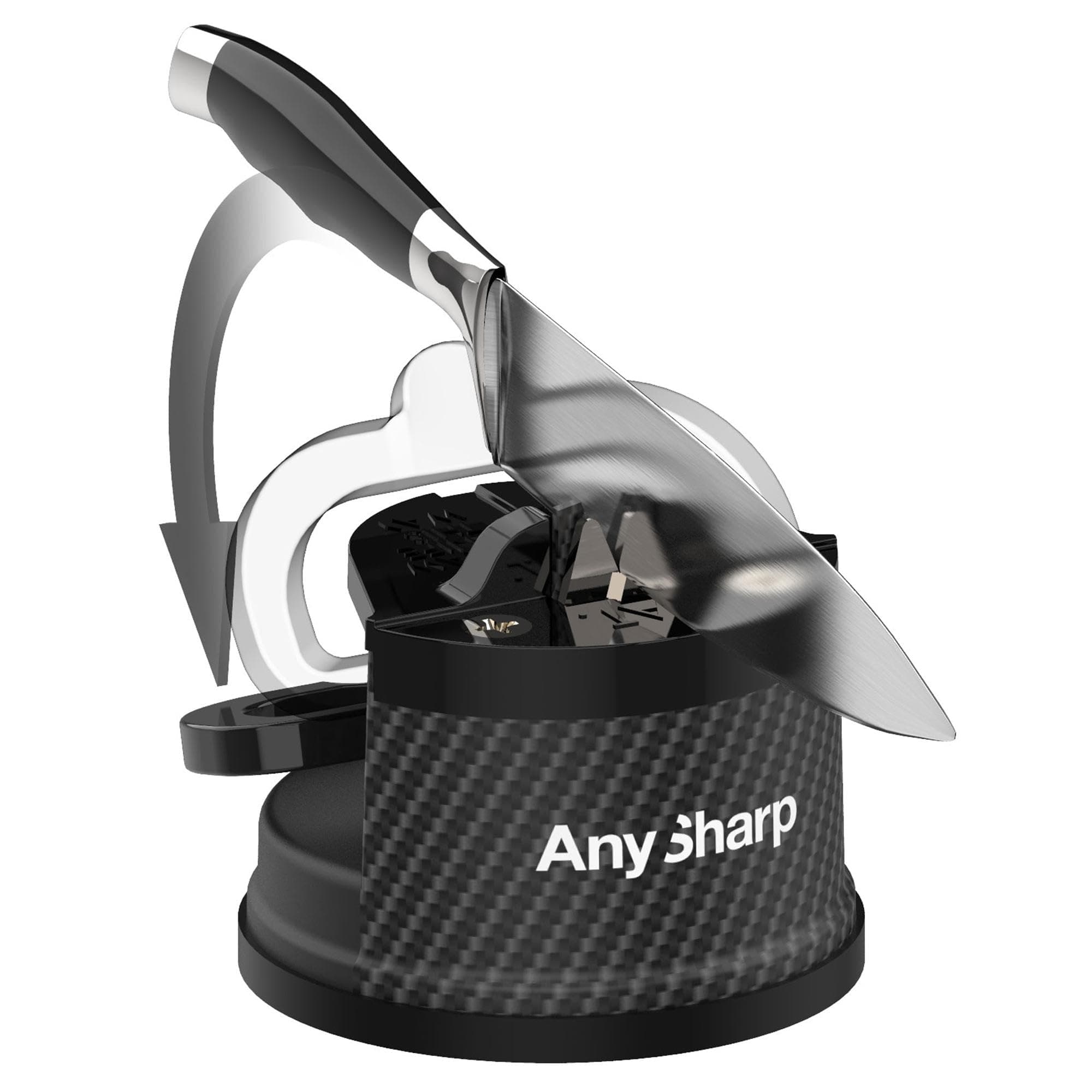 AnySharp – Editions – Hands Free Knife Sharpener - Easy to Use Sharpening Tool with PowerGrip Suction Base and 20-Degree Pre-Set Angle - for All Knives: Chef's, Serrated, and Hardened Steel - Carbon