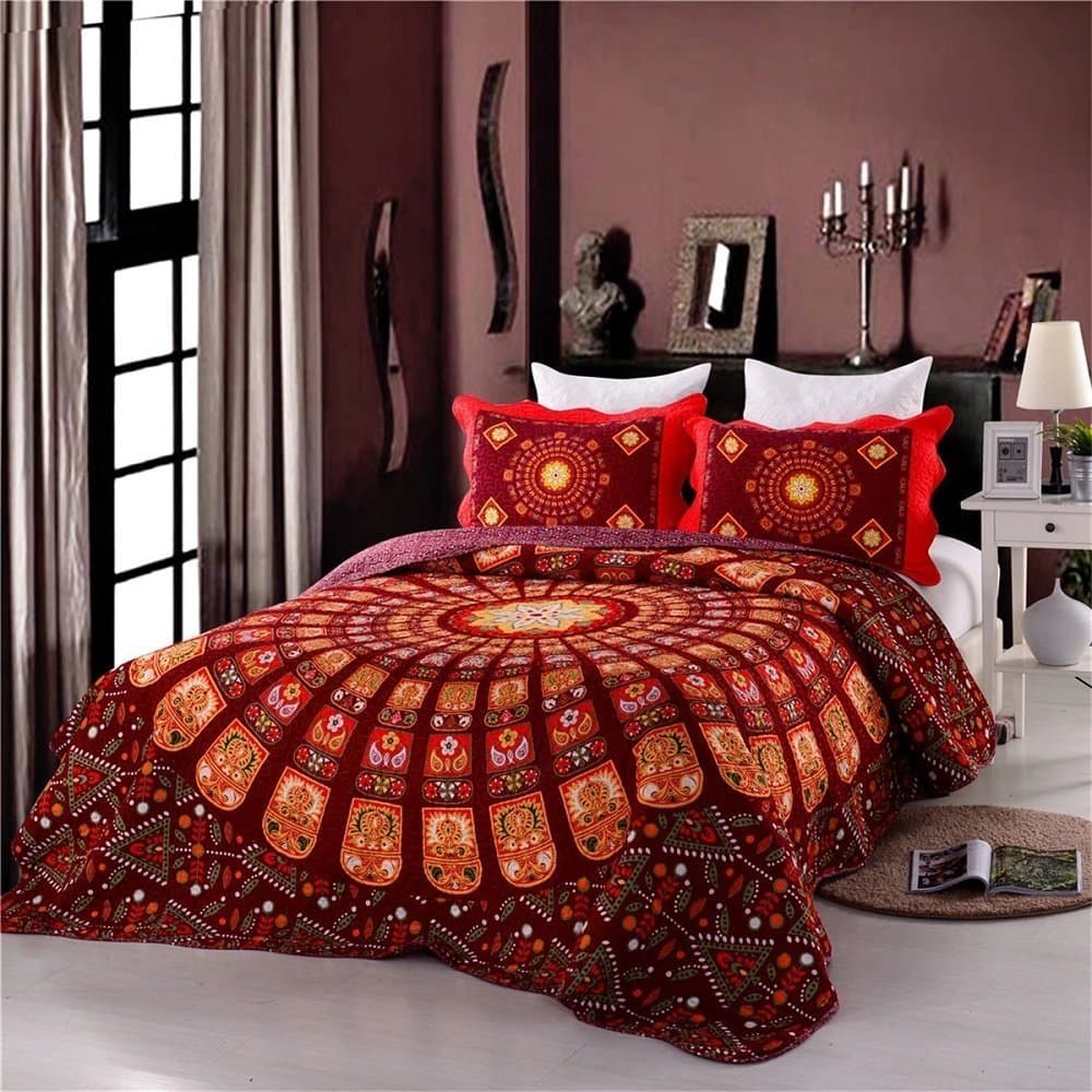 Unimall 3Pcs Reversible Double King Size Quilted Bedspread Indian Patchwork Throw Bohemian Bedding 100% Cotton Boho Style Bed Throws, Red