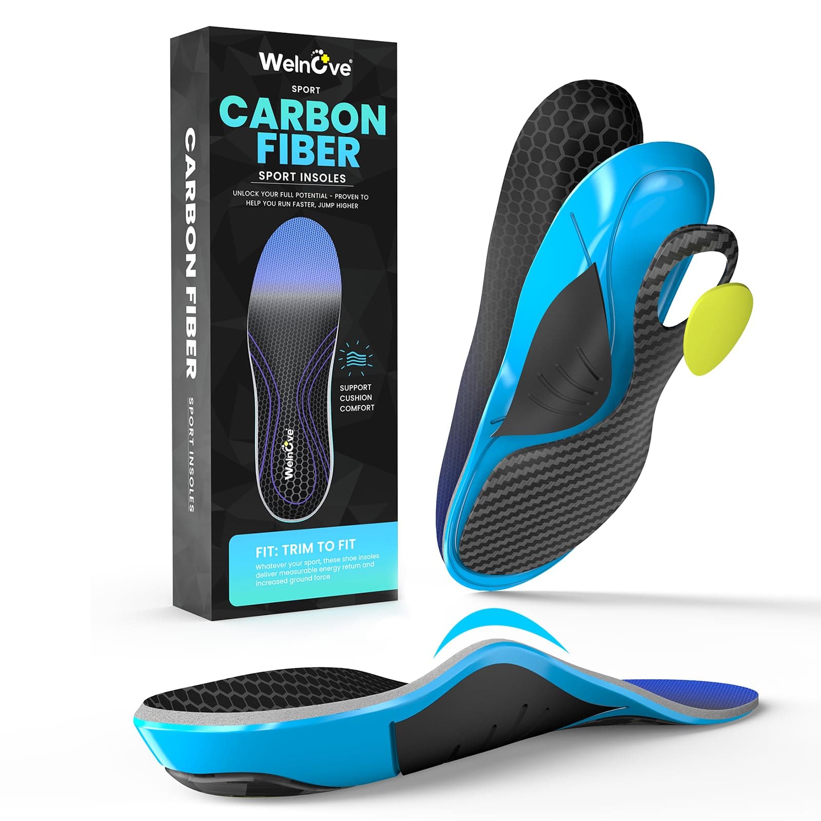 Welnove Carbon Fiber Sports Insoles with Arch Support | Jump Higer & Run Faster Stabilize Better Athletic Insoles for Running, Basketball | Shock Absorption & Energy Return,NOT for Cleats-2XL