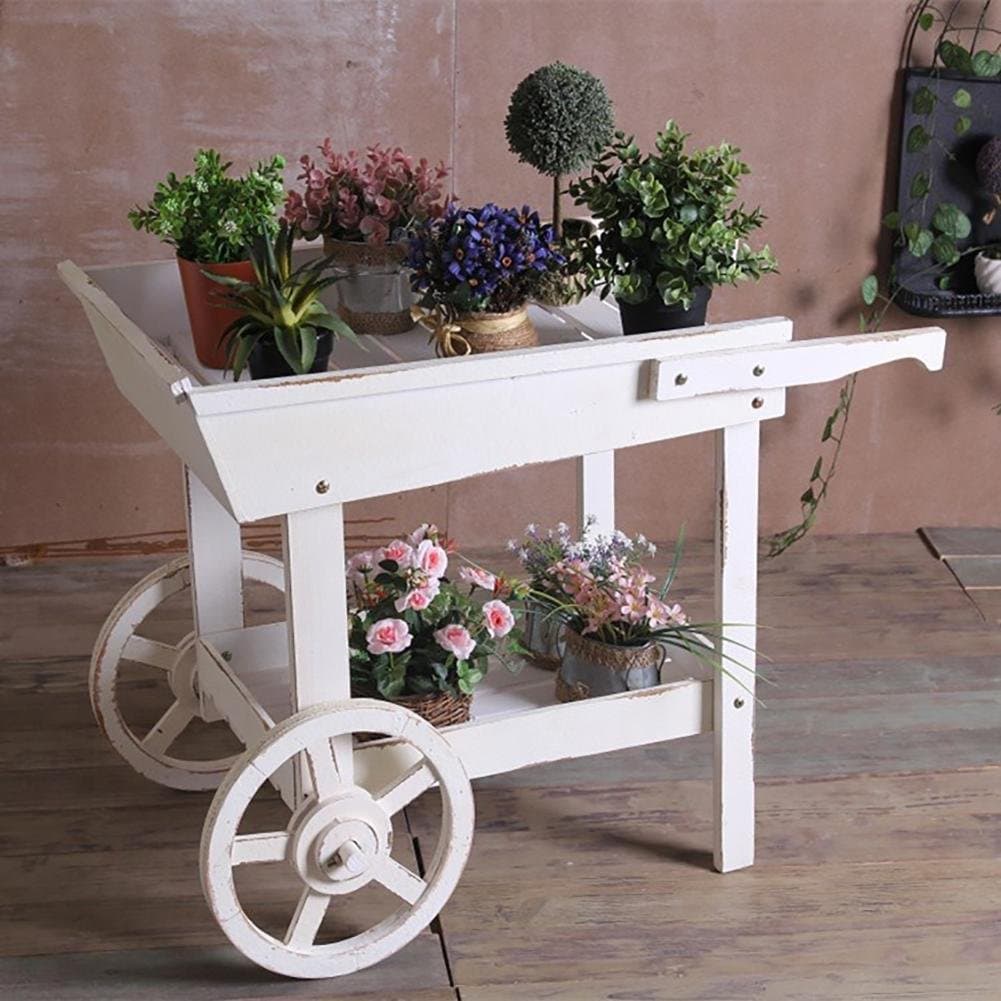 RJZHJ European Solid wood Chinese fir it can move Double Flower stand Floats Creative personality trolley Succulents Plant frame Flower pot rack Bonsai frame , White