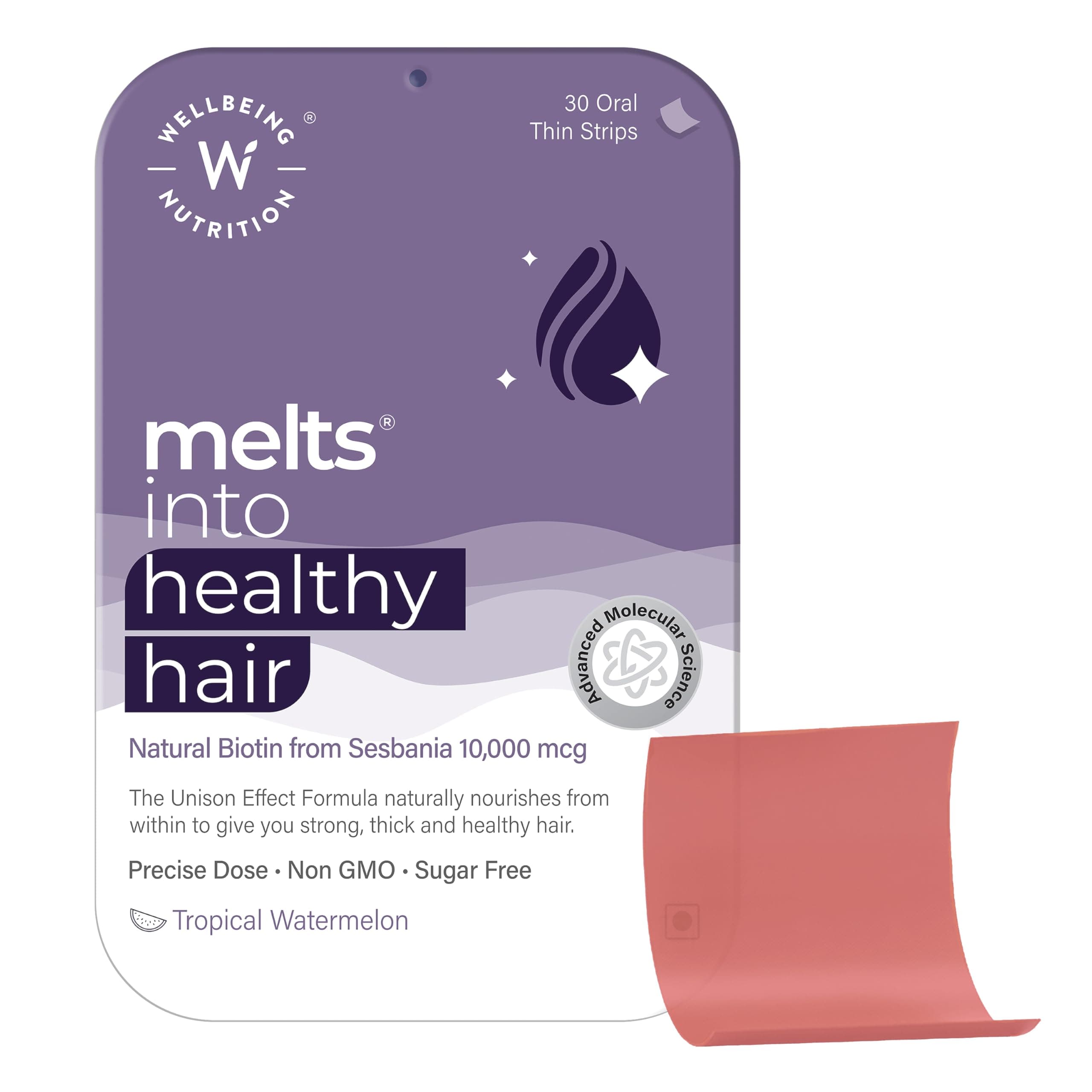 Melts Healthy Hair | Pure Biotin 10,000mcg, Keratin, Zinc, Folic Acid for Stronger, Shinier Hair, Strength & Thickness, 30 Oral Strips