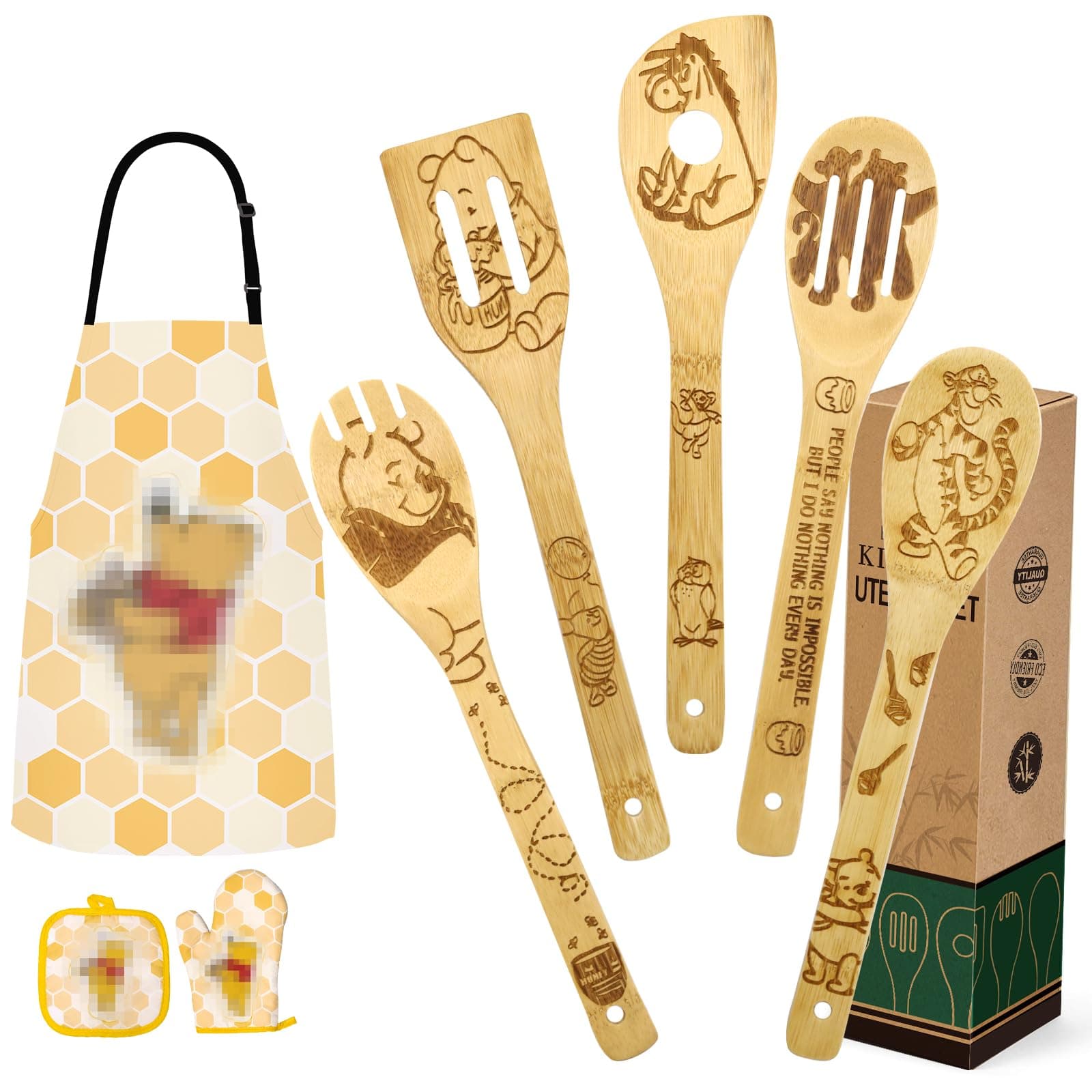 JewelvwatchroMothers Day Gifts for Mom Women Cute Bear Wooden Cooking Spoons Set Bamboo Kitchen Cooking Utensils Set with Apron Oven Mitt Potholder Set Christmas Birthday Gift