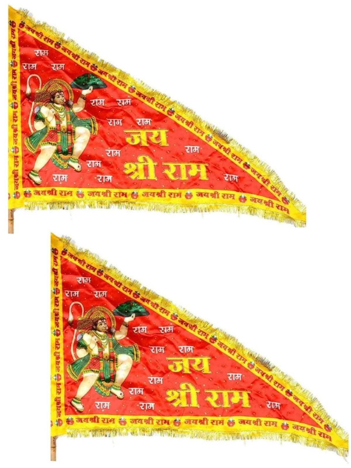 Jai Shree Ram Hanuman Ji Cloth Flag Jhanda Flag Dwaj for Pooja | Printed Hanuman ji dwaj/Jhanda Triangle for Home Temple & Outdoor Normal Size Flag | Hanuman Ji Jhanda | Car/Office/Home Use – Pack of 2