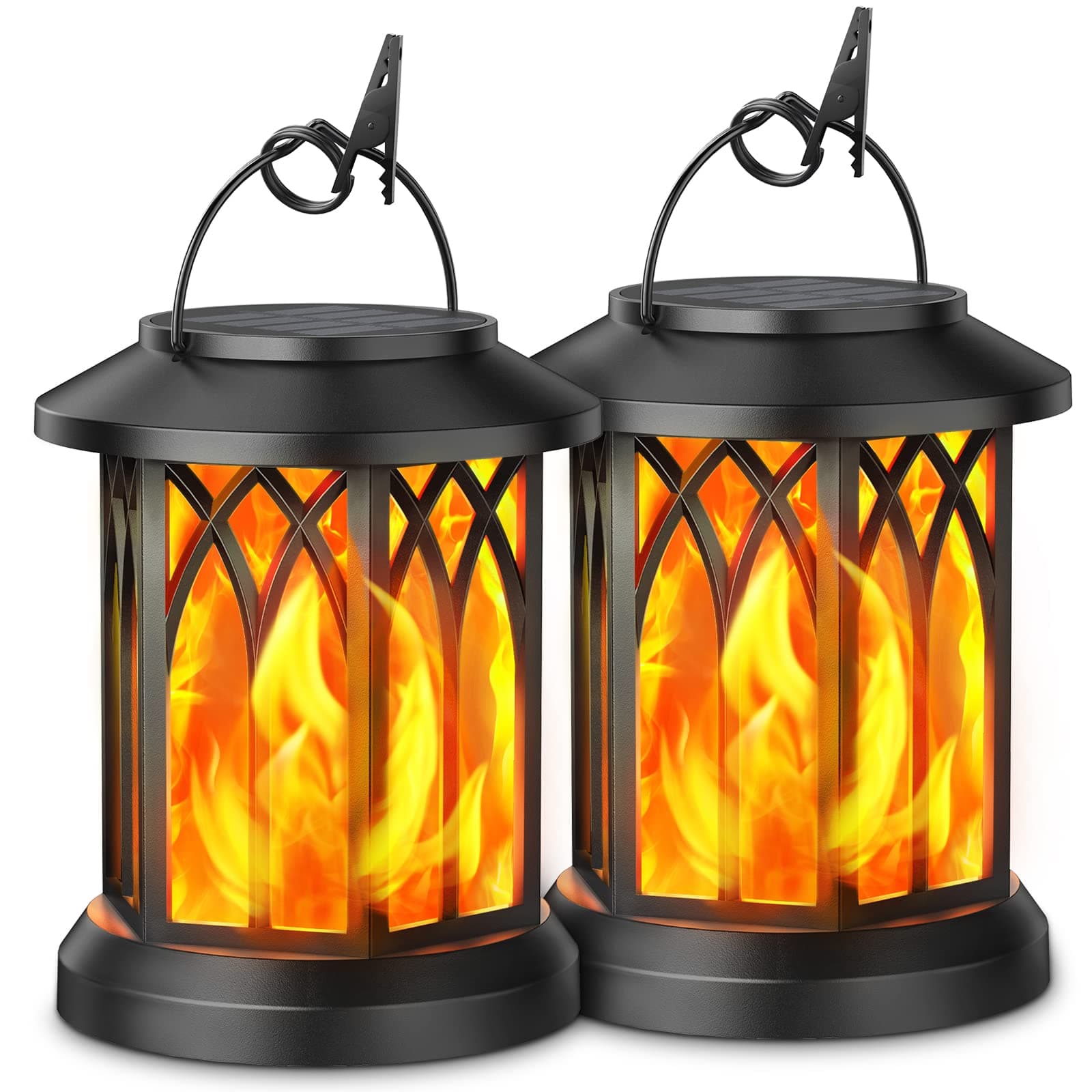 KOOPER Hanging Solar Lights Lantern Outdoor, Flickering Flames Solar Outdoor Lights, Solar Lanterns Outdoor Waterproof with Bigger Panel, Lanterns Decorative Outdoor for Yard Garden Decor, 2 Pack