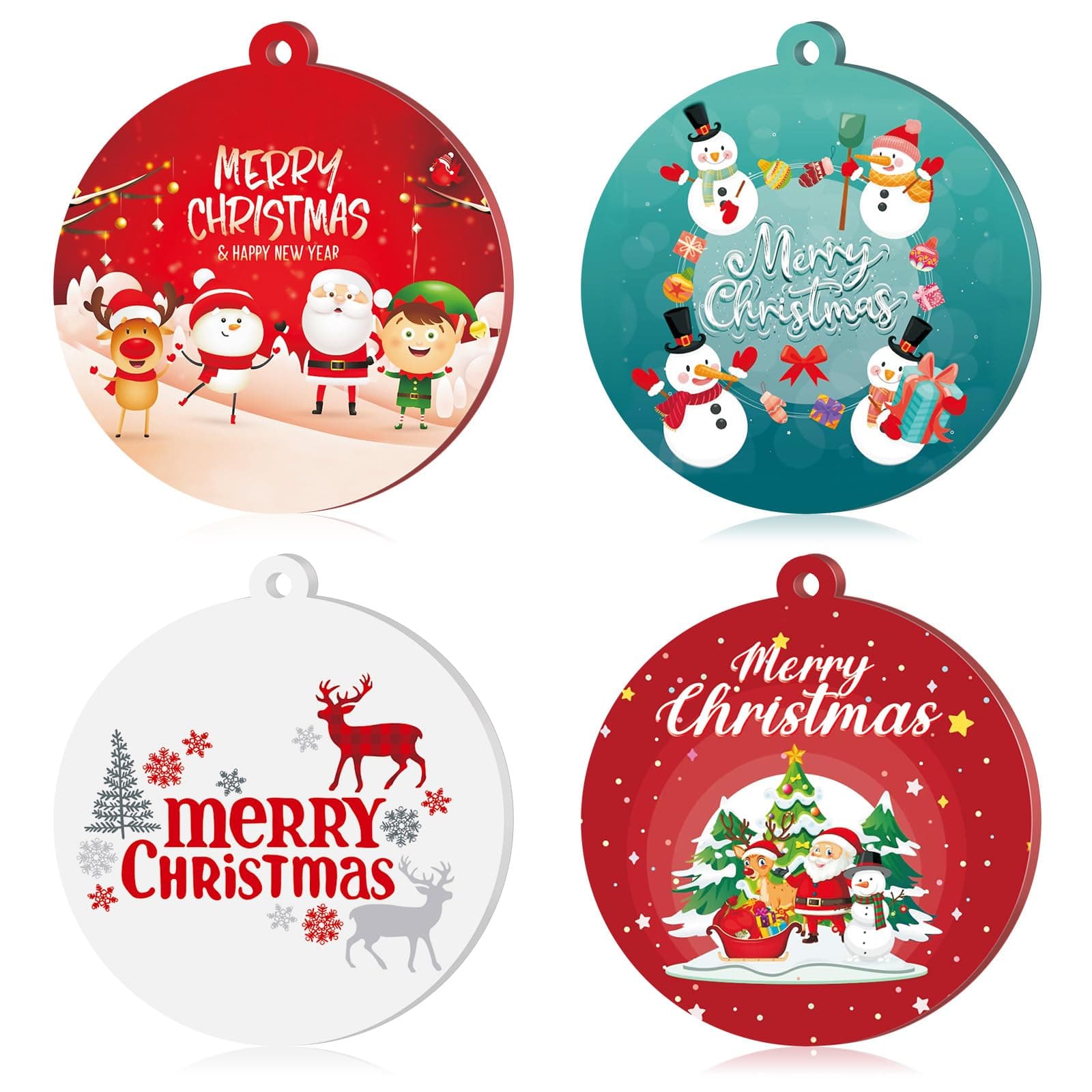 4Pack Christmas Ornaments, 2023 New Christmas Tree Hanging Ornaments, Acrylic Engraved on Both Sides with Santa Clause, Snowman, Deer, Merry Christmas