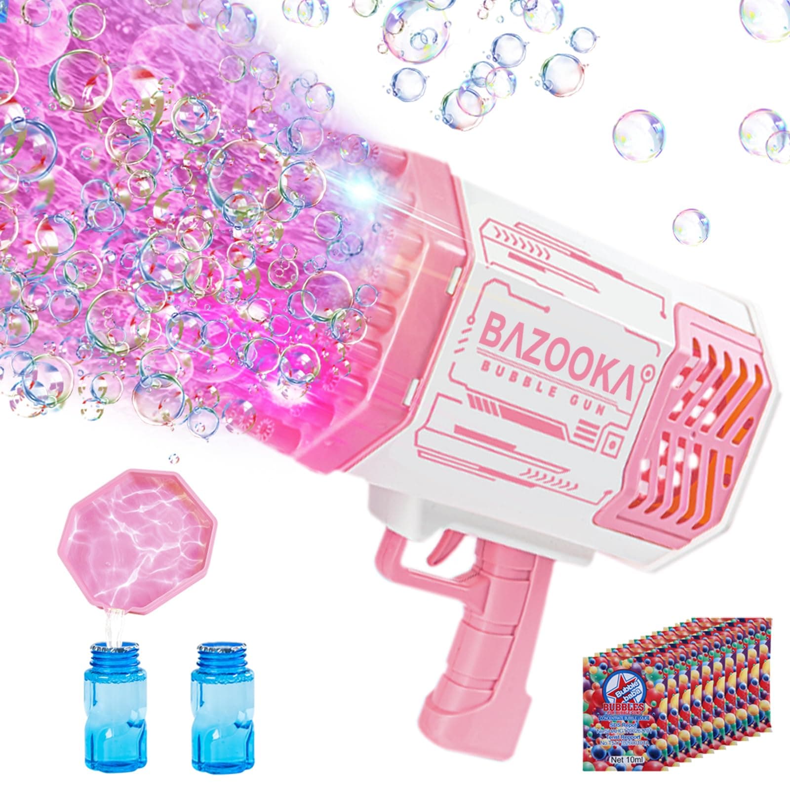 Bubble Machine Guns, Bubble Guns with Light, Bubble Solution, 69 Holes Bubbles Machine for Kids Adults, Summer Toy Gift for Outdoor Indoor Birthday Wedding Party - Pink Bubble Makers