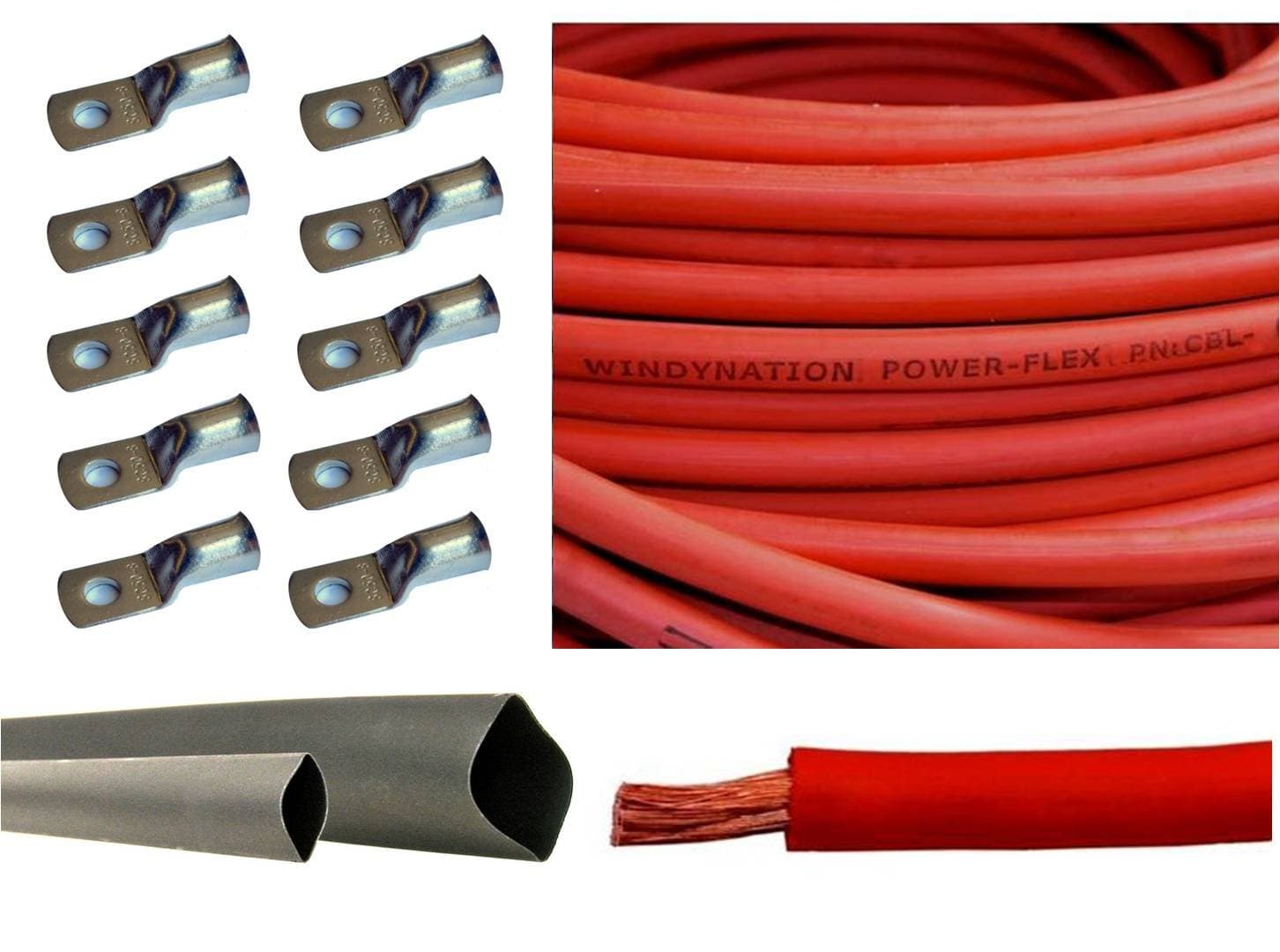 WindyNation 2 Gauge 2 AWG Red 20 Feet Welding Battery Pure Copper Flexible Cable + 10pcs of 3/8" Tinned Copper Cable Lug Terminal Connectors + 3 Feet Black Heat Shrink Tubing