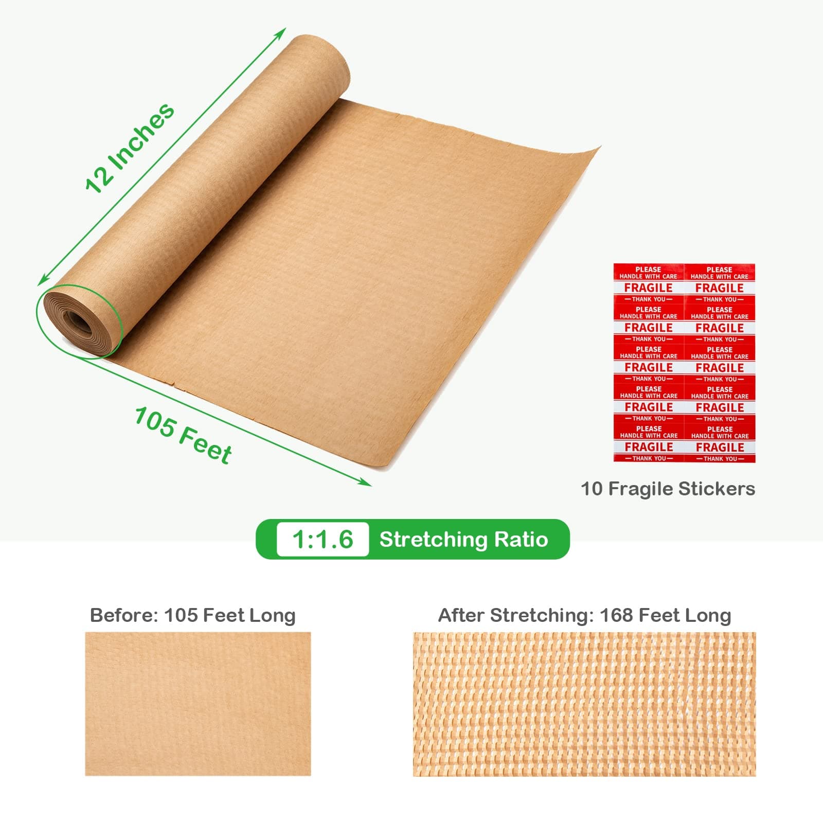 Honeycomb Packing Paper Wrap 12"x105' Recycled Cushion Wrapping Roll Eco Friendly Shipping Moving Green Wrap with 10 Fragile Sticker Labels - Protective Kraft Packaging Suppliers Brown