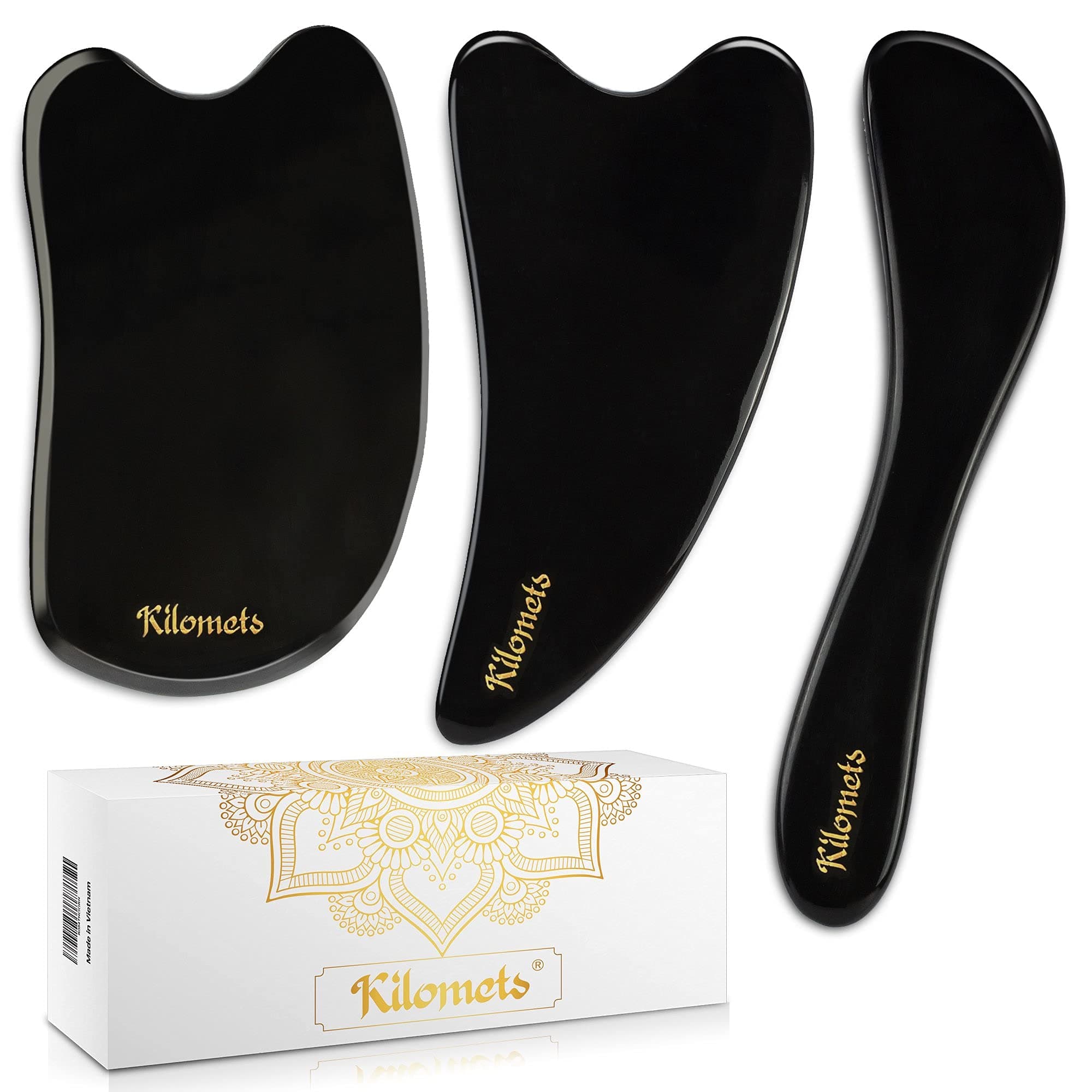 Gua Sha Massage Tool Pack 3 Muscle Scraper Tools - Smooth Edge for Beauty Physical Therapy - Reduce Muscle Pain Tissue, Massage Tendon, Myofascial Releaser Face Eye Body