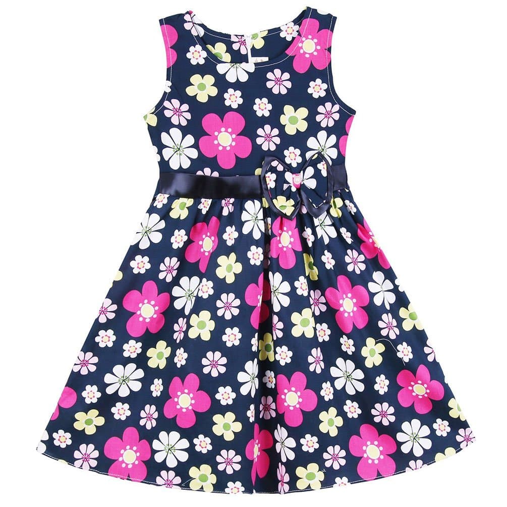 Girls Summer Sleeveless Flower Print Casual Dress with Bowknot 2-6 Years Blue Flower 130