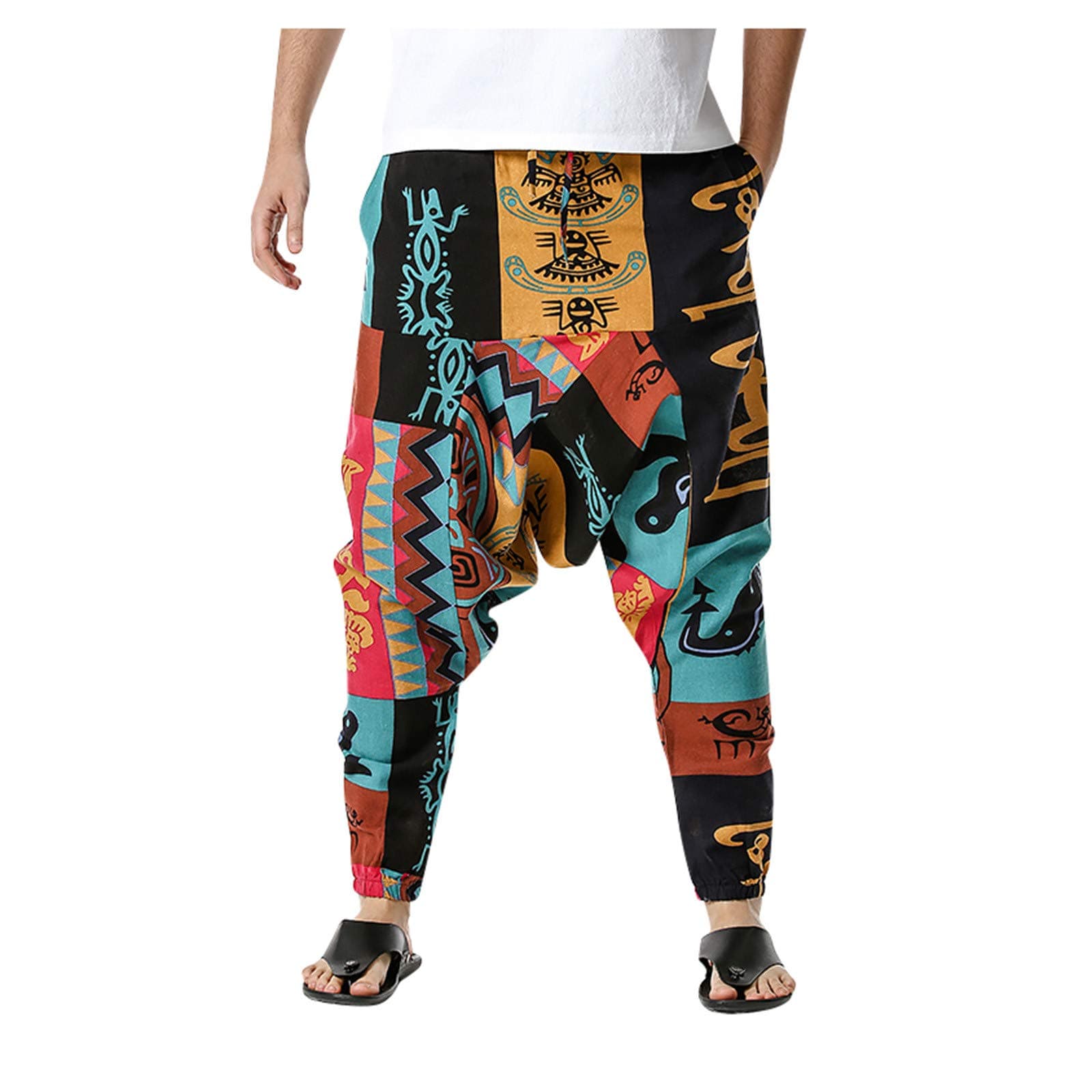 Moxiu Men's PantsMen's Linen Baggy Hippie Boho Yoga Harem Pants African Pattern Print Drop Crotch Jogger Street Dance Pant