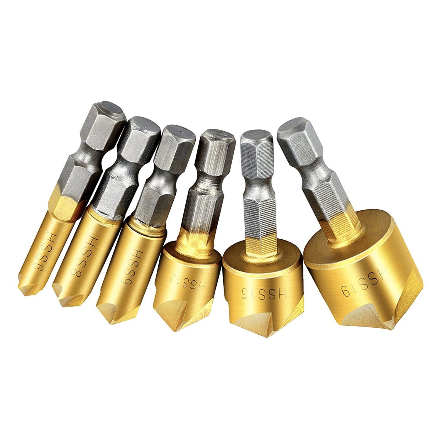 Countersink Drill Bit，4inLoveMe 6mm-19mm 1/4" Hex Shank HSS 5 Flute Countersink Titanium Coated Drill Bit Tool Set for Wood Quick Change Bit -6PCS