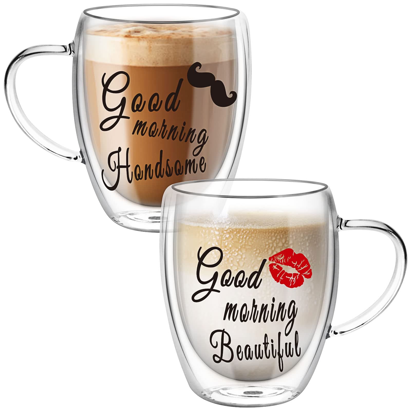 Top-spring Double Walled Glass Coffee Cups for Couples, Insulated Latte Glasses Couple Mugs Set of 2, Mug Tea Cups with Handles, Heat Resistant, 350ml Cappuccino Espresso Cup, Valentine’s Day Gift