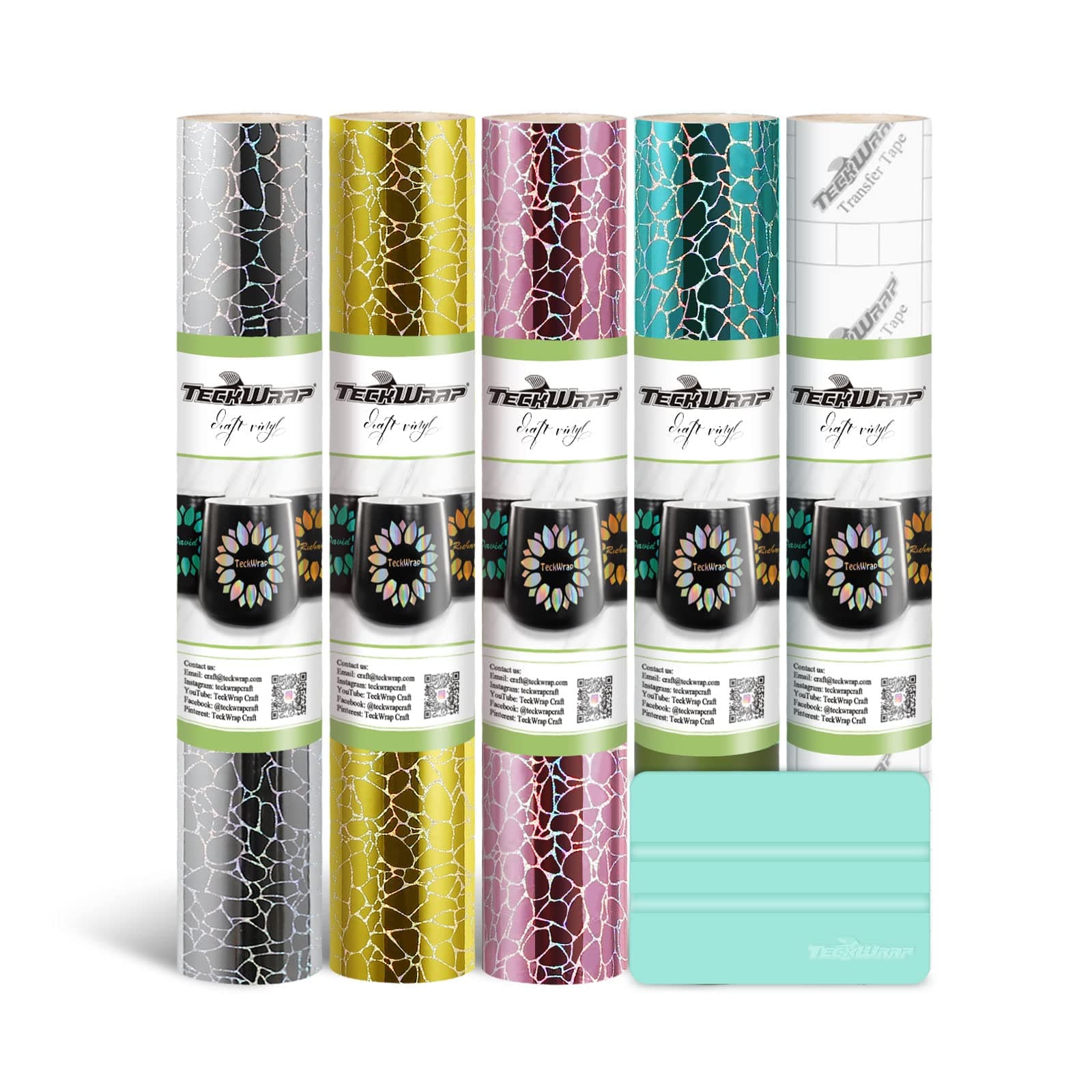 TECKWRAP Holographic Cracked Pattern Chrome Adhesive Vinyl Bundle 12" x 36"/Rolls for DIY Craft, Arts (Silver,Gold,Mint Green,Rose Gold)