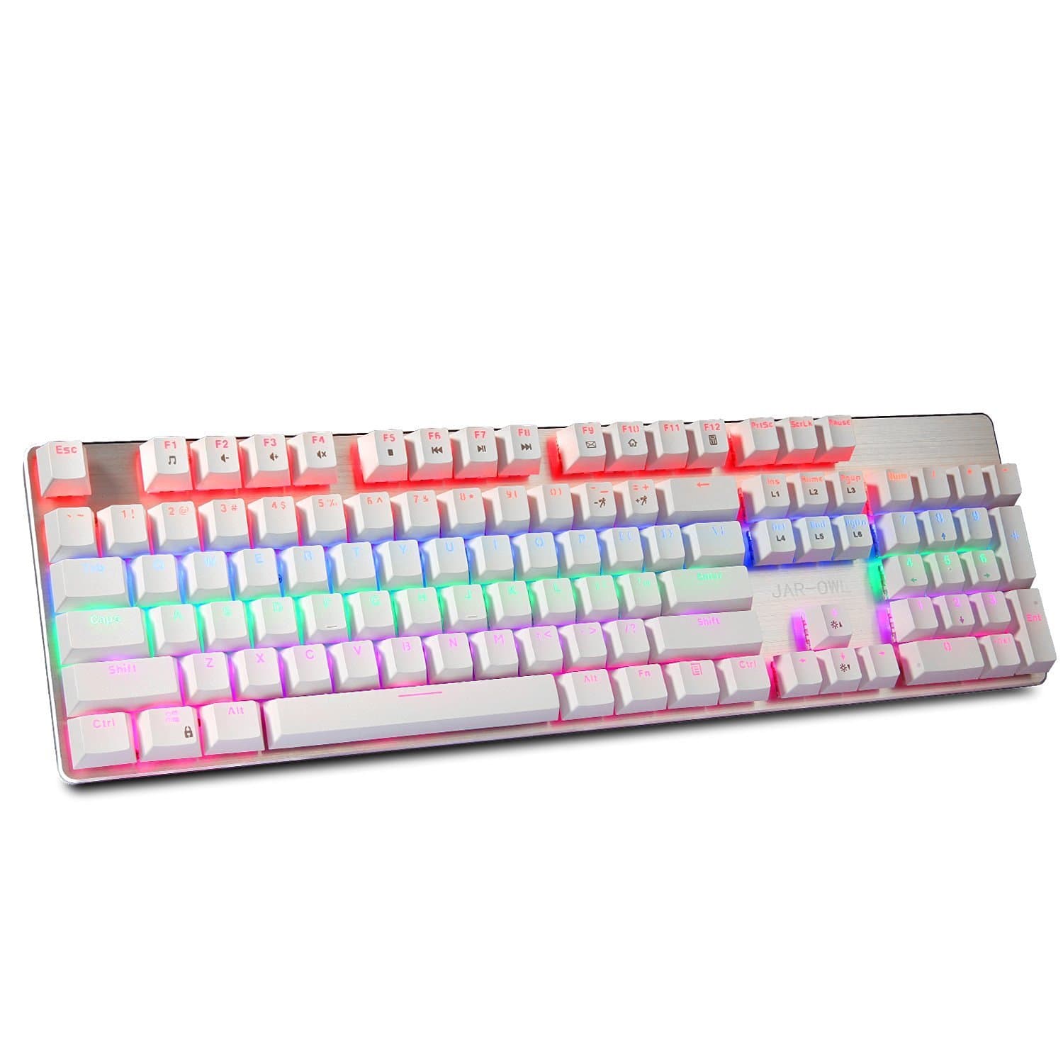 JAR-OWL J1 Anti-ghosting 104Keys Wired Gaming Keyboards LED Backlit Wired USB Mechanical Gaming Keyboard with Blue Switches (White/Gold)