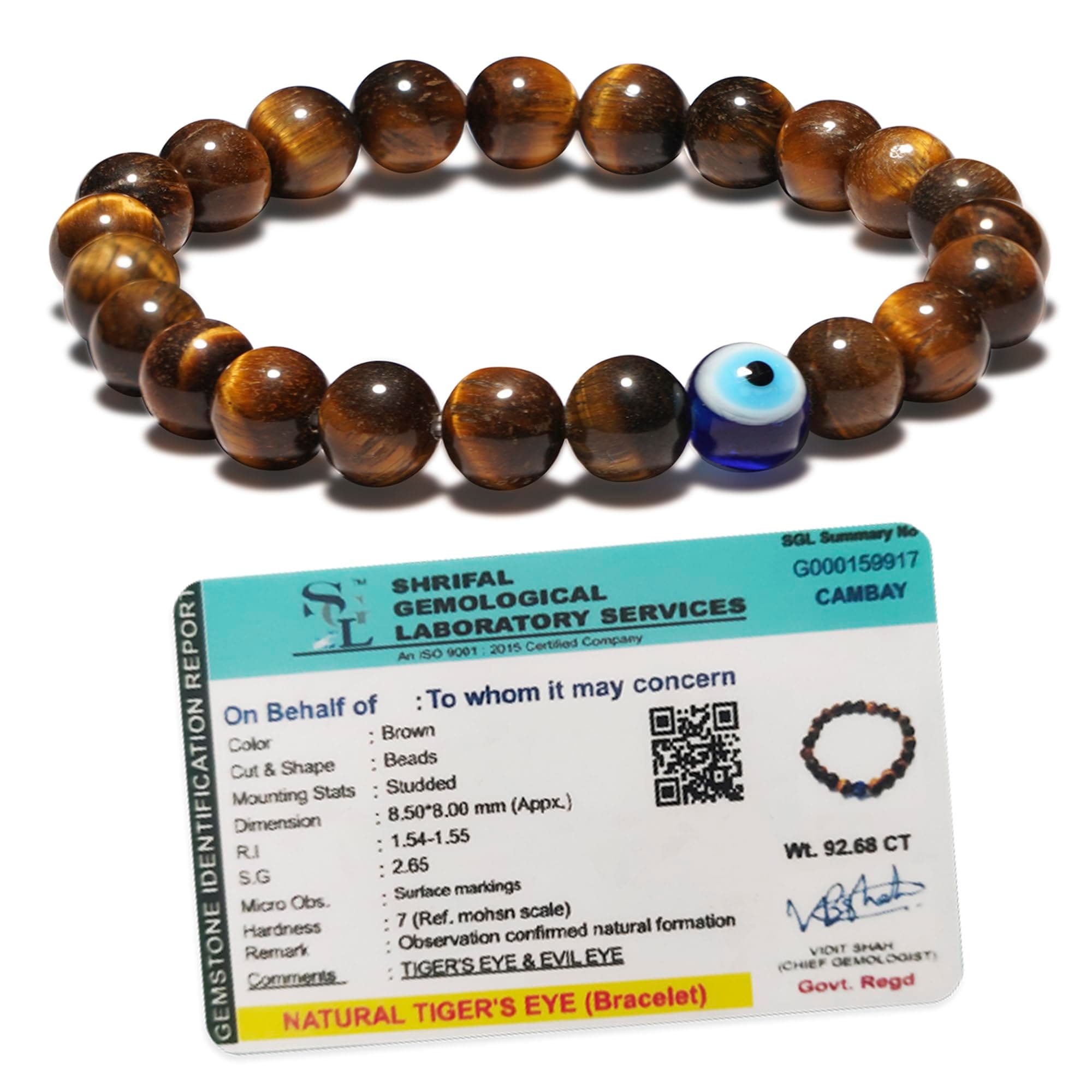 Original Tiger Eye Bracelet for Woman and Men with Evil Eye and Lab Certificate - Natural Energised Brown beads Bracelet for Courage, Protection and Will Power - 8MM Beads