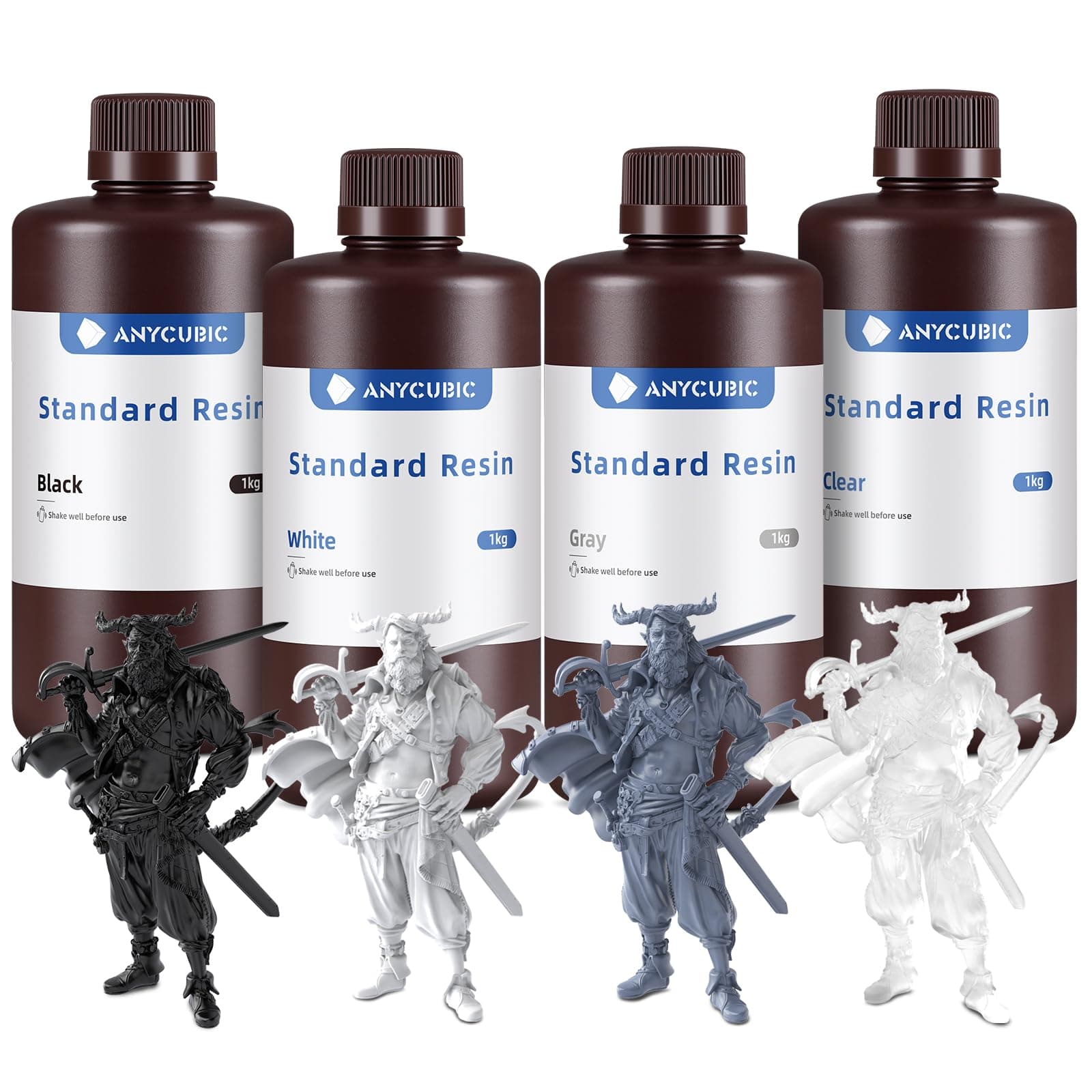 3D Printer Resin Bundle, 405nm High Precision Fast Curing UV Photopolymer Resin for LCD 3D Printing, Grey+Clear+White+Black,1kg per Bottle, 4kg in Total