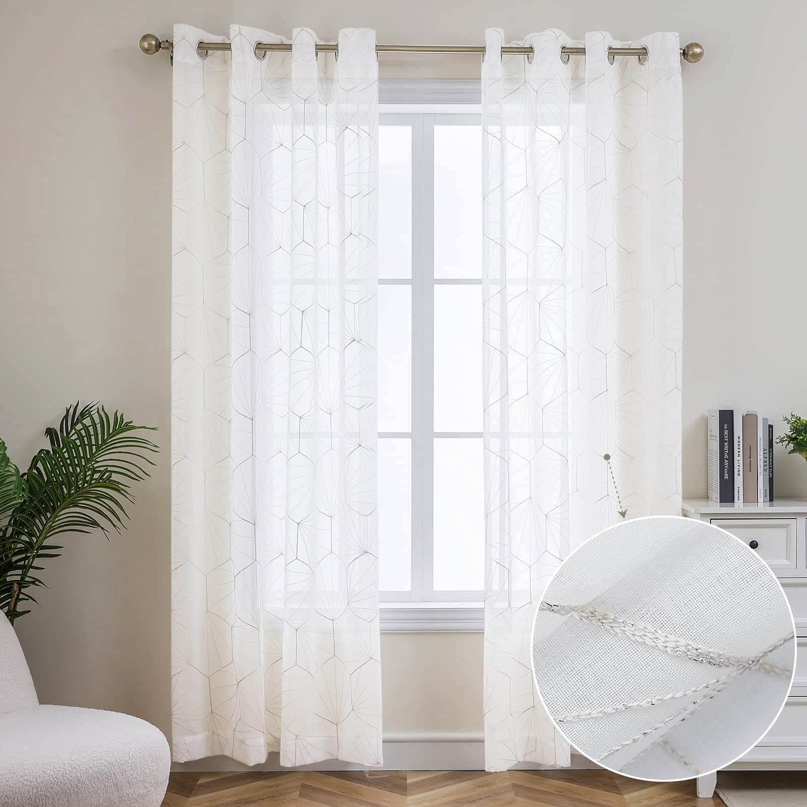 CUCRAF Sheer Curtains for Bedroom,Grommet Embroidered Privacy Voile Sheers Eyelet Drapes for Living Room Window Treatment,2 Panels Set (W54 x L95 inches Long,Off White)